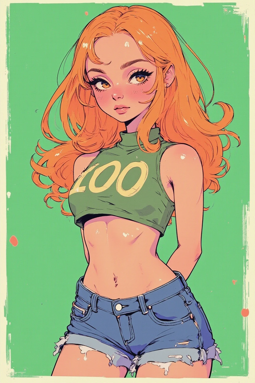 A jambo brunette woman, her curly blonde hair framing her heart-shaped face. Her breasts are very small and she wears a sleeveless moss green top, which falls just above her belly button.