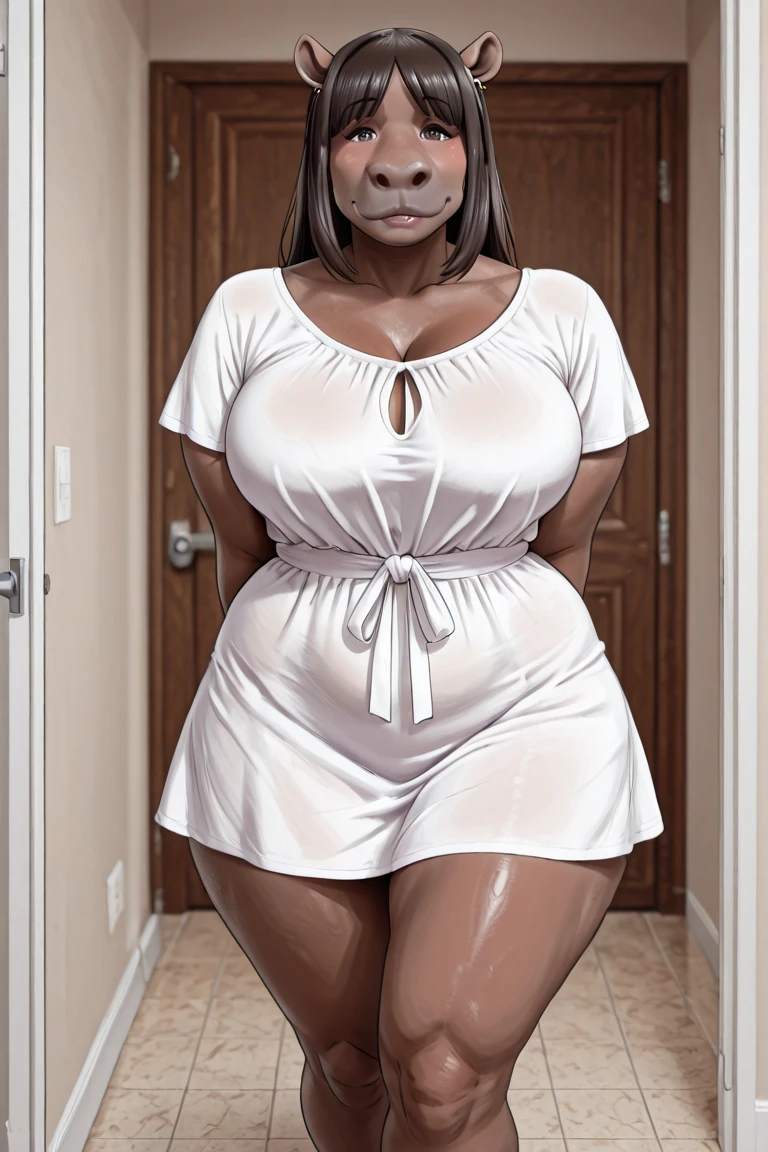 Ebony Woman , voloptuous body, Black skin, african face, wearing a nurse coat open front showing niplles an her nipplee and panties, wearing a higheels , ( Full body view),standing near a bed at the hospital room