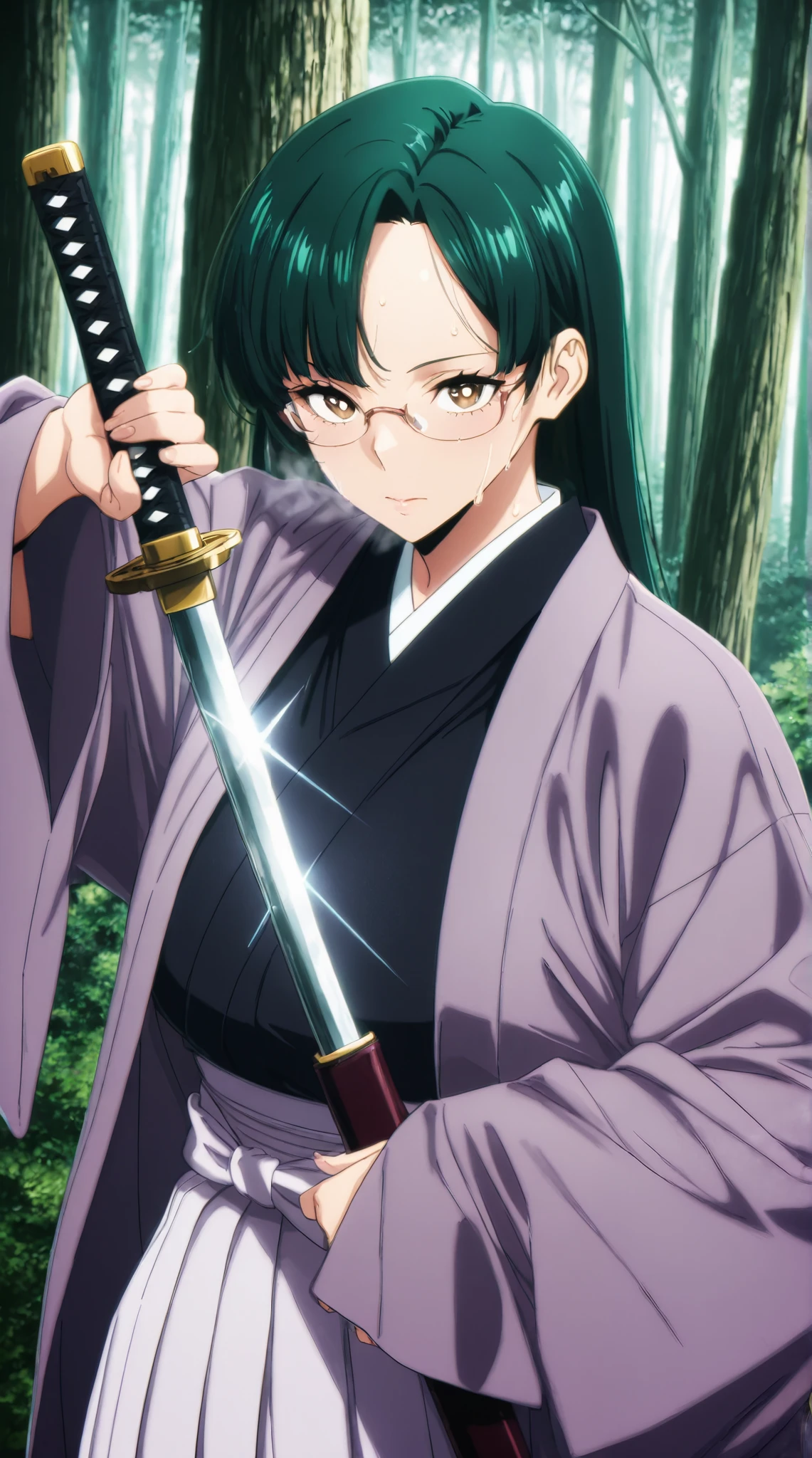 anime coloring, anime screencap, anime-style detailed background, vignetting, masterpiece, high quality, absurdres, best quality, very aesthetic, newest, dynamic composition, anatomical correct, HD, 4K, digital art, trending on ArtStation, perfect body, perfect eyes, perfect fingers, gasping, heavy breathing, excessive sweating, sweating, sweating profusely, gasping profusely, cinematic, ((skindentation)), ((curvy)), long_hair, glasses, large_breasts, bangs, dark-green_hair, asymmetrical bangs, brown_eyes, bright pupils, ((flabby stomach)), plump, pointing breasts, 1girl, weapon, japanese_clothes, sword, solo, unsheathing, holding, holding_weapon, katana, kimono, looking_at_viewer, forest, nature, holding_sword, sheath, haori, sleeves_past_wrists, outdoors, hakama, closed_mouth, black_kimono, long_sleeves, skirt, wide_sleeves, hakama_skirt, tree, glint