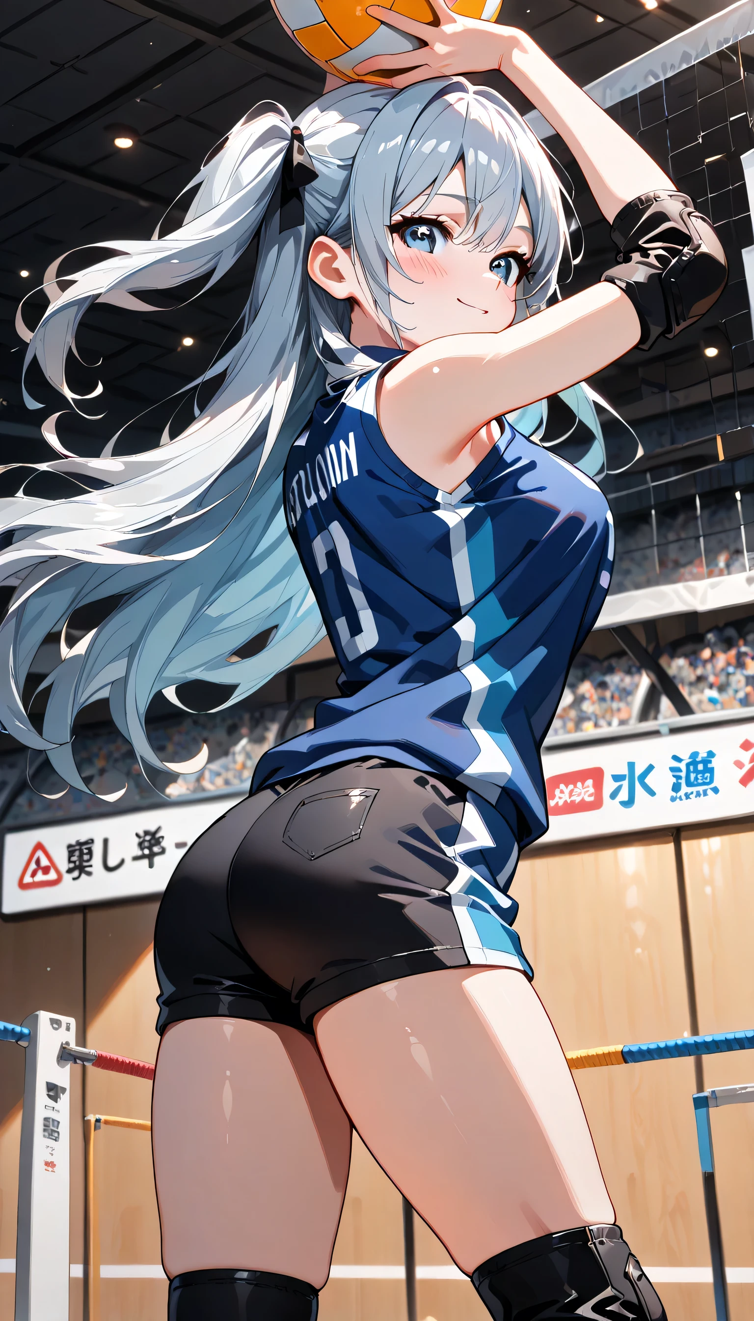 ((ultra-detailed)), (highly detailed CG illustration), (best quality:1.2), ultra-highly detailed, colorful composition, artistic photoshoot, 1girl, solo focus, ((thigh to top:1.4)), ((cowboy shot:1.4)), moe anime character, age girl, dainty facial structure, (baby face), (round face), ((rounded chin:1.2)), ((ideal ratio body proportions)), celia-default, celia claire, (blue eyes), sparkle eyes, silver hair color, two side up, (hair ribbon with blue), ample breasts, Volleyball uniform, sportswear, elbow pads, elbow sleeves, knee pads, sleeveless, shorts, shorts, ((smile)), ((blush:1.4)), ((Volleyball spikes)), balls, ((jumps)), volleyball (object), volleyball, volleyball net, raise your arms, look up, ((from behind:1.4)), dynamic pose, contrapposto pose, best quality, expecting, pink cheek, blush, light pink gloss slip, portrait, depth of field, soft lighting, sidelighting, (shine), lighting, caustics, ray tracing, perfect face, lustrous skin, highly detailed face, highly detailed eyes, perfect face, perfect nose, perfect hair, perfect eyes, perfect anatomy, beautiful hair, beautiful small face, extremely detailed face, beautiful detailed eyes, beautiful clavicle, beautiful body, beautiful ample breasts, leavage, breasts squeezed together, equalize the size of the left and right breasts, beautiful thin thighs, beautiful legs, beautiful fingers, ((4 fingers)), 1 thumb, lovely, (very detailed background:1.0), (highly detailed background:1.0), summer aesthetic, intricate details, shy atmosphere, summer colors palette, chromatic aberration