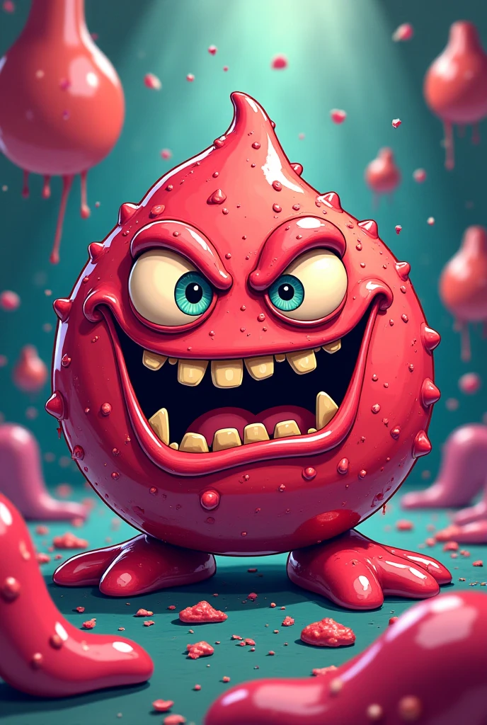 cartoon, caricature, funny slime monster, big red eyes, fangs, multicolored slime, funny horror, try to by scary but is funny