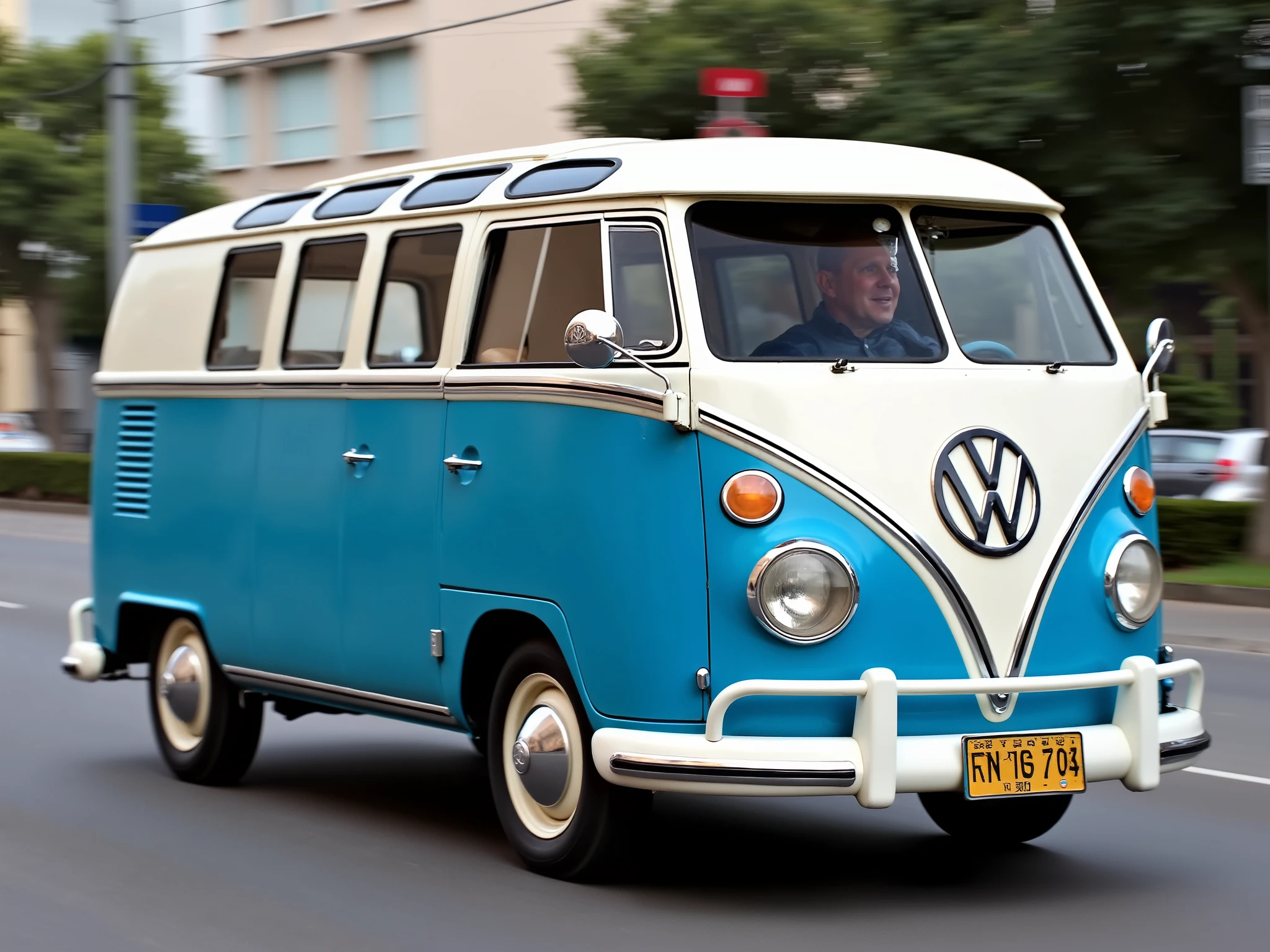 Side view of a person driving on a street in São Paulo, Brazil, an old blue and white van Kombi (1965) Vw, left view, side view,, Realistic photo, photo control, Side photo , professional photo, Realistic photo