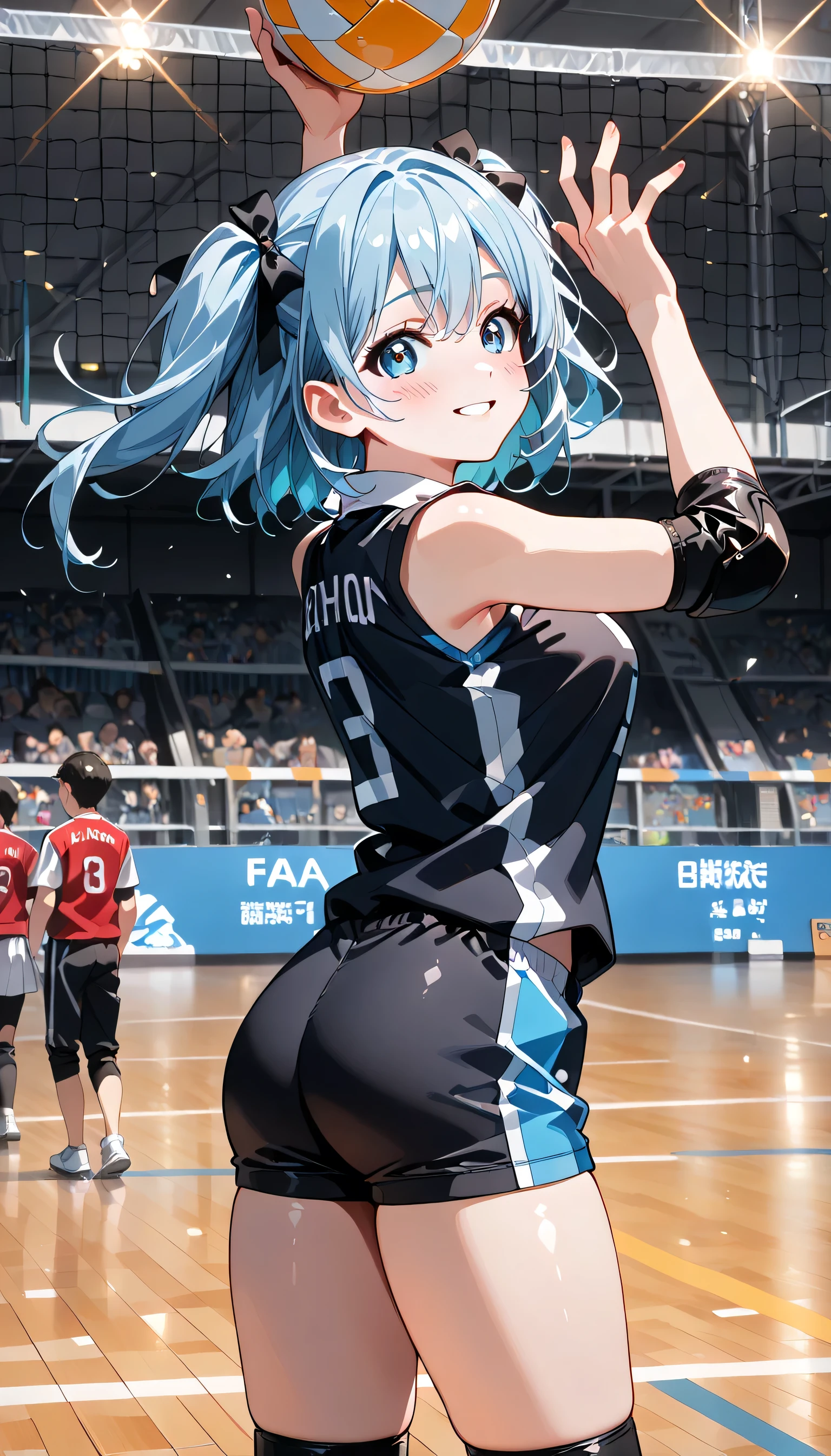 ((ultra-detailed)), (highly detailed CG illustration), (best quality:1.2), ultra-highly detailed, colorful composition, artistic photoshoot, 1girl, solo focus, ((thigh to top:1.4)), ((cowboy shot:1.4)), moe anime character, age girl, dainty facial structure, (baby face), (round face), ((rounded chin:1.2)), ((ideal ratio body proportions)), celia-default, celia claire, (blue eyes), sparkle eyes, silver hair color, two side up, (hair ribbon with blue), ample breasts, Volleyball uniform, sportswear, elbow pads, elbow sleeves, knee pads, sleeveless, shorts, shorts, ((smile)), ((blush:1.4)), ((Volleyball spikes)), balls, ((jumps)), volleyball (object), volleyball, volleyball net, raise your arms, look up, ((from behind:1.4)), dynamic pose, contrapposto pose, best quality, expecting, pink cheek, blush, light pink gloss slip, portrait, depth of field, soft lighting, sidelighting, (shine), lighting, caustics, ray tracing, perfect face, lustrous skin, highly detailed face, highly detailed eyes, perfect face, perfect nose, perfect hair, perfect eyes, perfect anatomy, beautiful hair, beautiful small face, extremely detailed face, beautiful detailed eyes, beautiful clavicle, beautiful body, beautiful ample breasts, leavage, breasts squeezed together, equalize the size of the left and right breasts, beautiful thin thighs, beautiful legs, beautiful fingers, ((4 fingers)), 1 thumb, lovely, (very detailed background:1.0), (highly detailed background:1.0), summer aesthetic, intricate details, shy atmosphere, summer colors palette, chromatic aberration