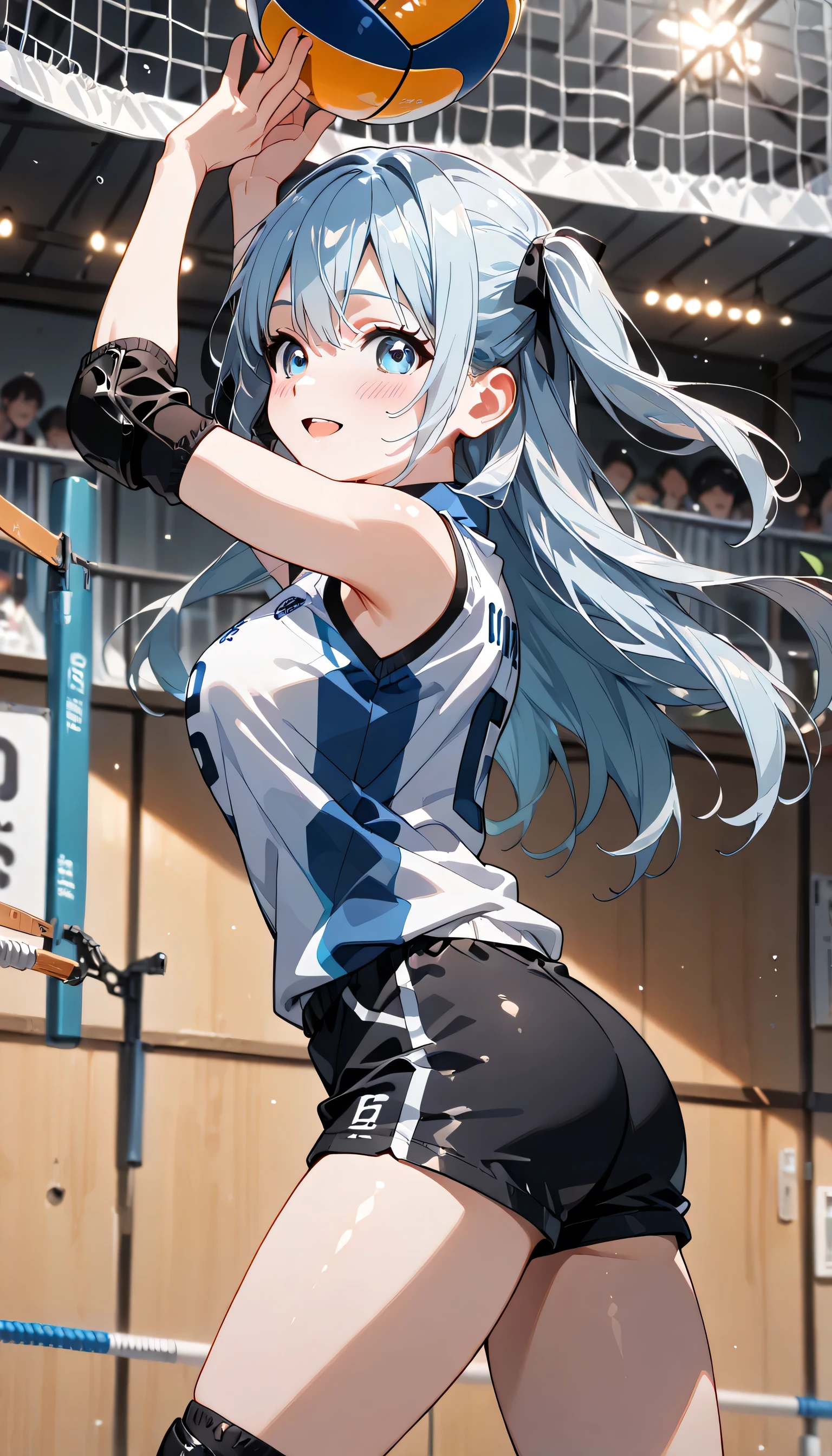 ((ultra-detailed)), (highly detailed CG illustration), (best quality:1.2), ultra-highly detailed, colorful composition, artistic photoshoot, 1girl, solo focus, ((thigh to top:1.4)), ((cowboy shot:1.4)), moe anime character, age girl, dainty facial structure, (baby face), (round face), ((rounded chin:1.2)), ((ideal ratio body proportions)), celia-default, celia claire, (blue eyes), sparkle eyes, silver hair color, two side up, (hair ribbon with blue), ample breasts, Volleyball uniform, sportswear, elbow pads, elbow sleeves, knee pads, sleeveless, shorts, shorts, ((smile)), ((blush:1.4)), ((Volleyball spikes)), balls, ((jumps)), volleyball (object), volleyball, volleyball net, raise your arms, look up, ((from behind:1.4)), dynamic pose, contrapposto pose, best quality, expecting, pink cheek, blush, light pink gloss slip, portrait, depth of field, soft lighting, sidelighting, (shine), lighting, caustics, ray tracing, perfect face, lustrous skin, highly detailed face, highly detailed eyes, perfect face, perfect nose, perfect hair, perfect eyes, perfect anatomy, beautiful hair, beautiful small face, extremely detailed face, beautiful detailed eyes, beautiful clavicle, beautiful body, beautiful ample breasts, leavage, breasts squeezed together, equalize the size of the left and right breasts, beautiful thin thighs, beautiful legs, beautiful fingers, ((4 fingers)), 1 thumb, lovely, (very detailed background:1.0), (highly detailed background:1.0), summer aesthetic, intricate details, shy atmosphere, summer colors palette, chromatic aberration