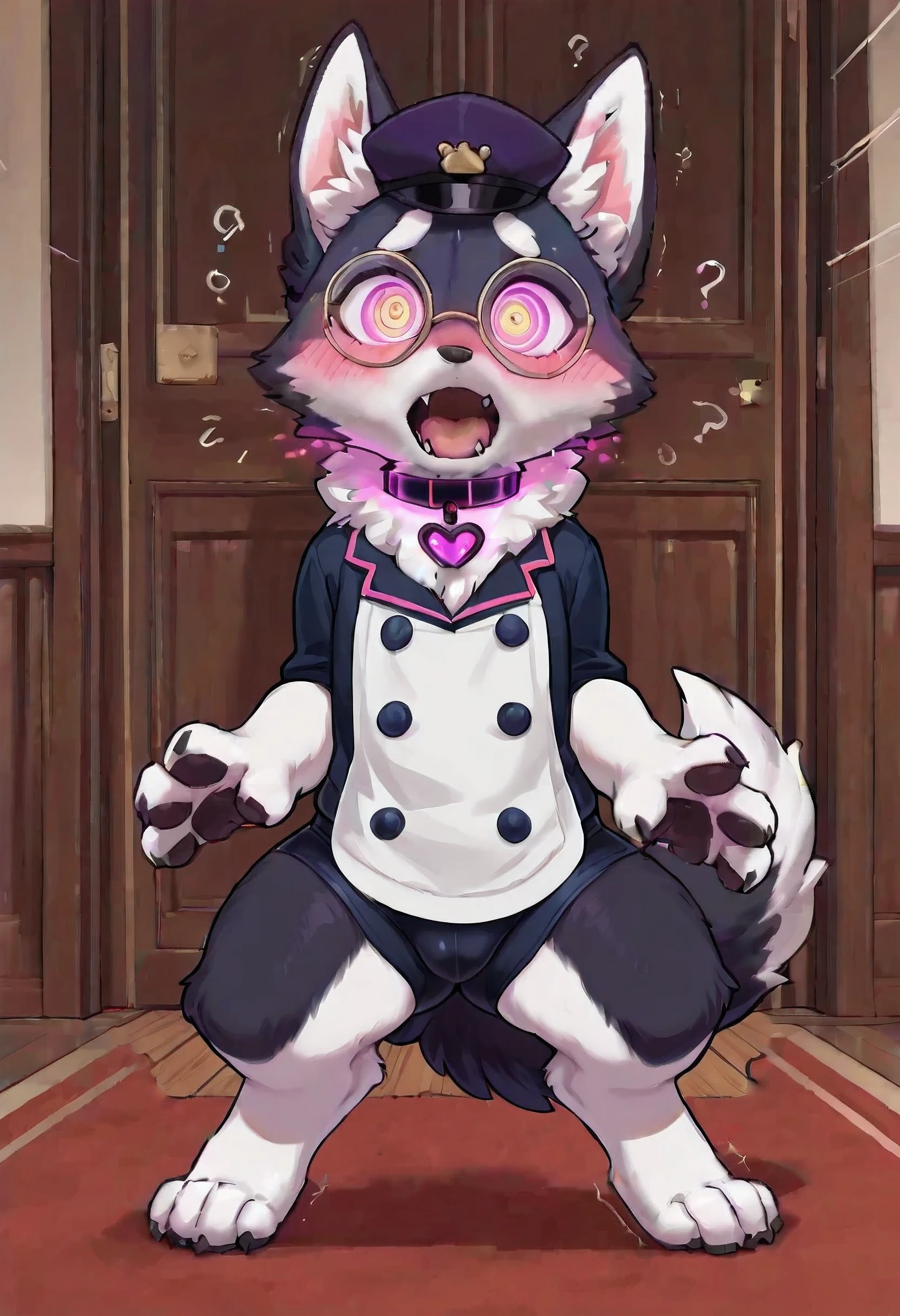 [NSFW ♀️ ] - [Click Remix* for 🫣 Uncensored Version]. (Ow<) Wink* - (((autocorrect fixing))),husky, anthro chibi, ((receptionist_outfits)), cute companion, dark furs, fluff furs, fluff neck furs, fluffs chest, pet heart_collar, maiden_headwear, (((paw, feet with 3_toe))), tight_shorts,