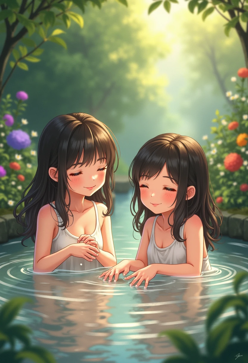 Masterpiece, the best quality, 2 girls and 1 boy playing in the water, happy laughter, delicate facial features, lake full of flowers, splashes, lotus flowers, lotus leaves, clouds, sunset, clean blue sky, summer,
