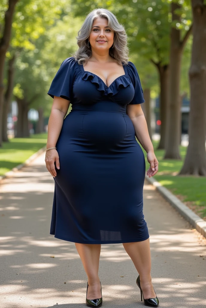 Extremely Hyperpregnant Montenegrin woman with huge belly wearing a dress
