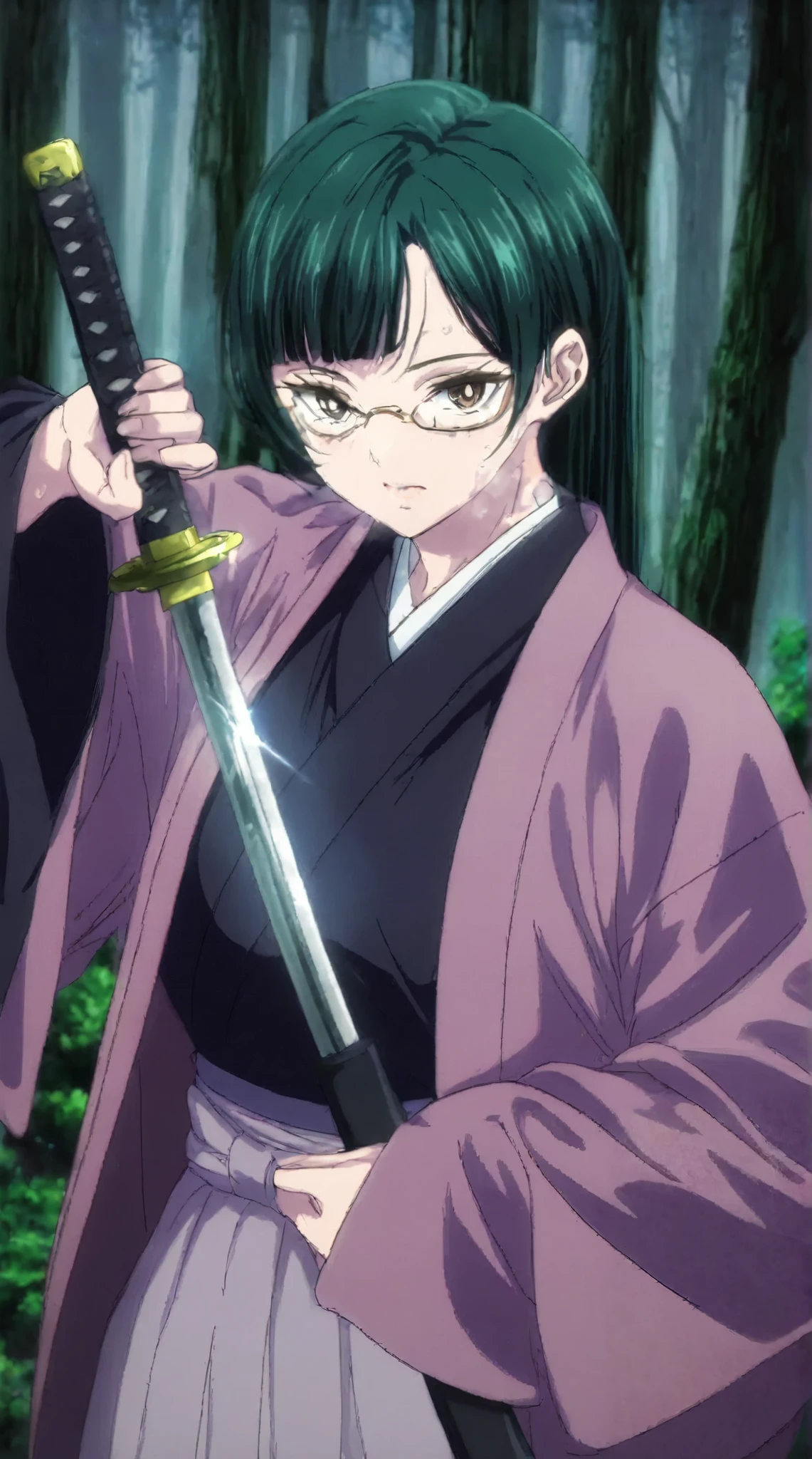 takahiro-style, anime coloring, anime screencap, anime-style detailed background, vignetting, masterpiece, high quality, absurdres, best quality, very aesthetic, newest, dynamic composition, anatomical correct, HD, 4K, digital art, trending on ArtStation, perfect body, perfect eyes, perfect fingers, gasping, heavy breathing, excessive sweating, sweating, sweating profusely, gasping profusely, cinematic, ((skindentation)), ((curvy)), long_hair, glasses, large_breasts, bangs, dark-green_hair, asymmetrical bangs, brown_eyes, bright pupils, ((flabby stomach)), plump, pointing breasts, 1girl, weapon, japanese_clothes, sword, solo, unsheathing, holding, holding_weapon, katana, kimono, looking_at_viewer, forest, nature, holding_sword, sheath, haori, sleeves_past_wrists, outdoors, hakama, closed_mouth, black_kimono, long_sleeves, skirt, wide_sleeves, hakama_skirt, tree, glint