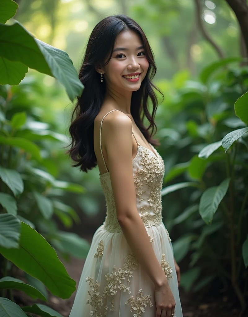 this girl white dress change into black dress, background turn into jungle, ultra realistic, 8k, smilling