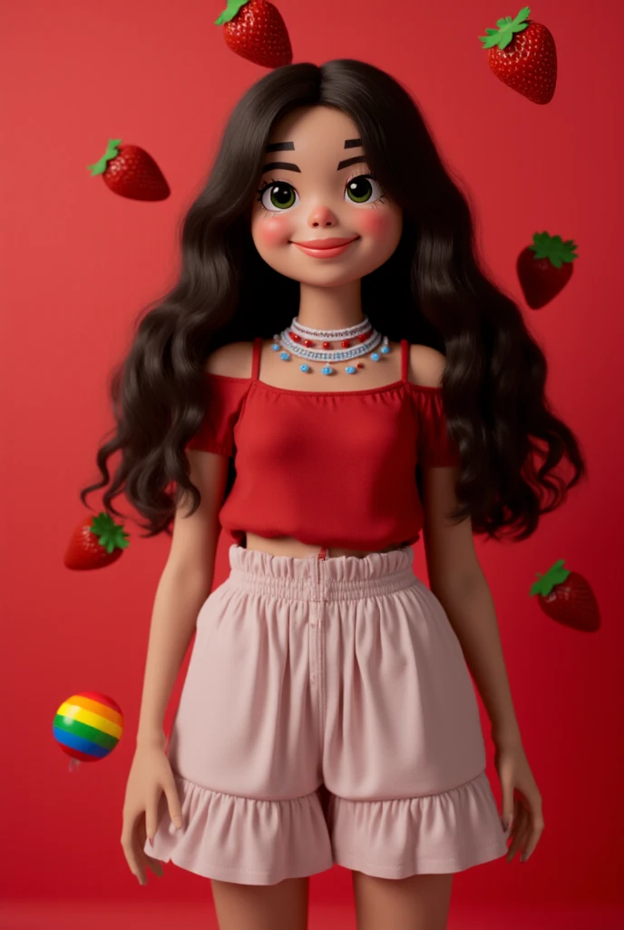 create a 14 year old with hair on her shoulders eye color dark brown brown skin black hair color white background with red and small hearts looking like pixar