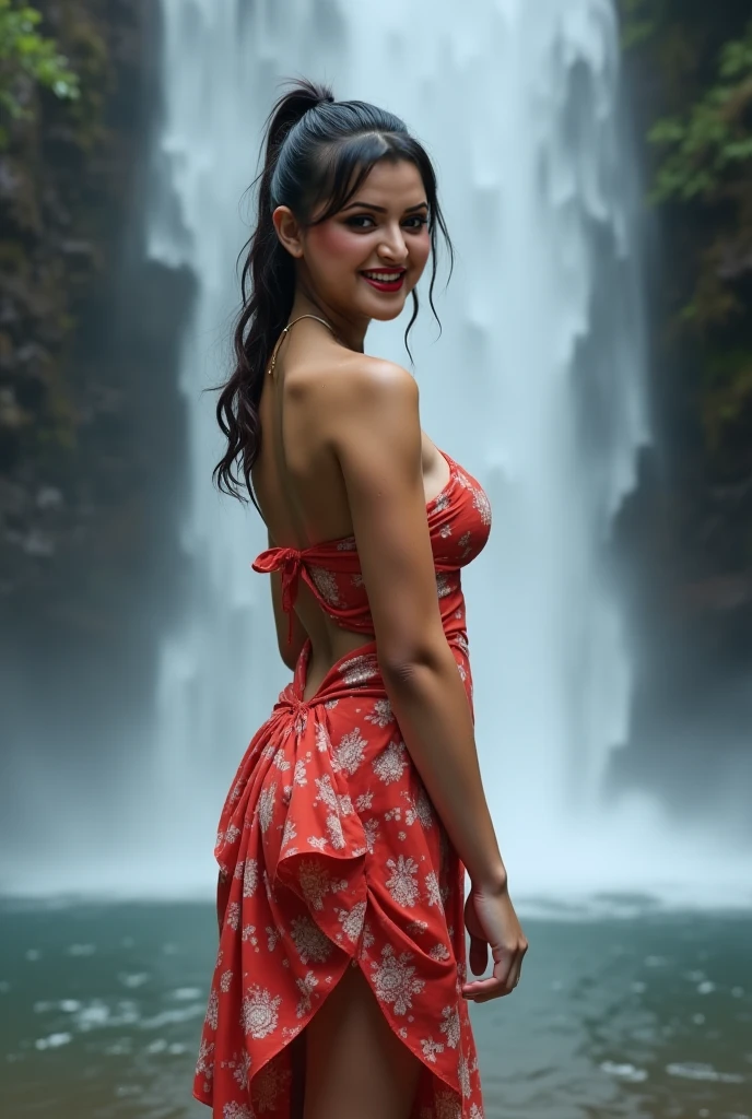 Day scene,rkps woman, close up photo of a latina from top view, posing under waterfalls, wearing bikini, perfect figure wet navel, wet swooping breasts, deep cleavage, look at viewer and smile, (cinematic:1.3), intricate details, (ArtStation:1.2), rakul preeth singh,( perfect eyes)