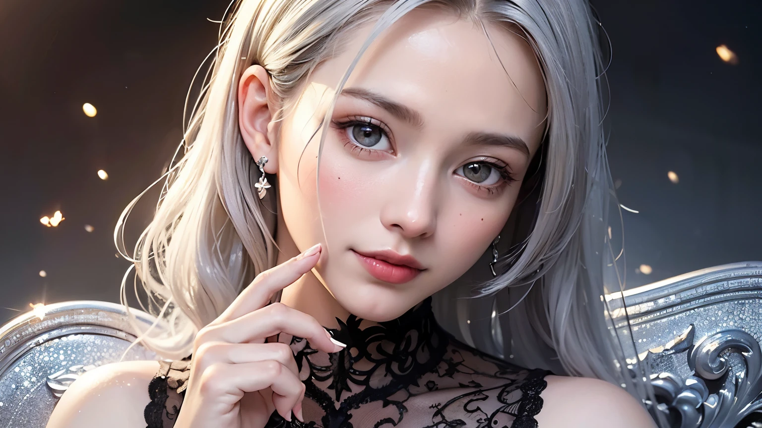 Realistic, masterpiece, highest quality, Highest Resolution, (1girl:1.3), 20-year-old, Happy smile, Slightly to the side, Definitely watching the audience, (Beautiful fine details, Iris, (Hidden eyelid wrinkles:1.2), Thin eyebrows, Draw eyelashes carefully, Natural Makeup, Middle Hair, Silver Hair, Detailed face), Charcoal grey blank background,(Black business attire, Sexy black suit style),Photographing the upper body,Portraiture