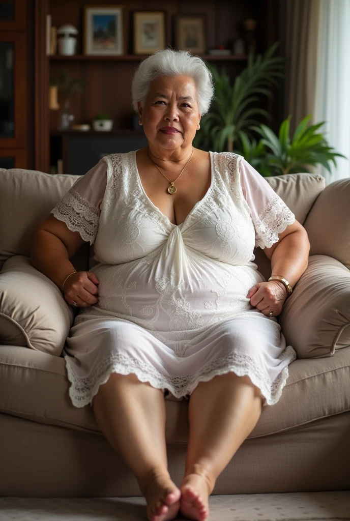 A elderly plus sized woman with a confident and flirtatious smile, looking directly at the camera. high class, She is full naked, undressed, soft skin, highlights her curvy, voluptuous figure, realistic, cutie, exuding a mature sensuality. Her pose is playful and alluring, touching her breast, legs open. The softly lit, intimate background enhances the seductive atmosphere, making her the focal point of the image
