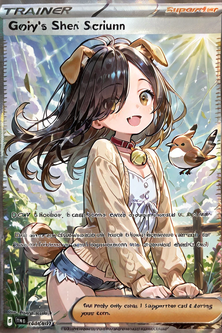Nsfw,1girl, solo, li, dog girl, dog ears, cheerful, neck bell, fang, brown eyes,
black hair, long hair, straight hair, hair over one eye, messy hair, floating hair,
cleavage, flat chest, happy, with Sparrow,
blouse under cardigan, micro shorts,
tra1ner,
card_(medium), stats, holofoil, holographic,
prismatic, diffraction,
best quality, highres icon, highly detailed,
