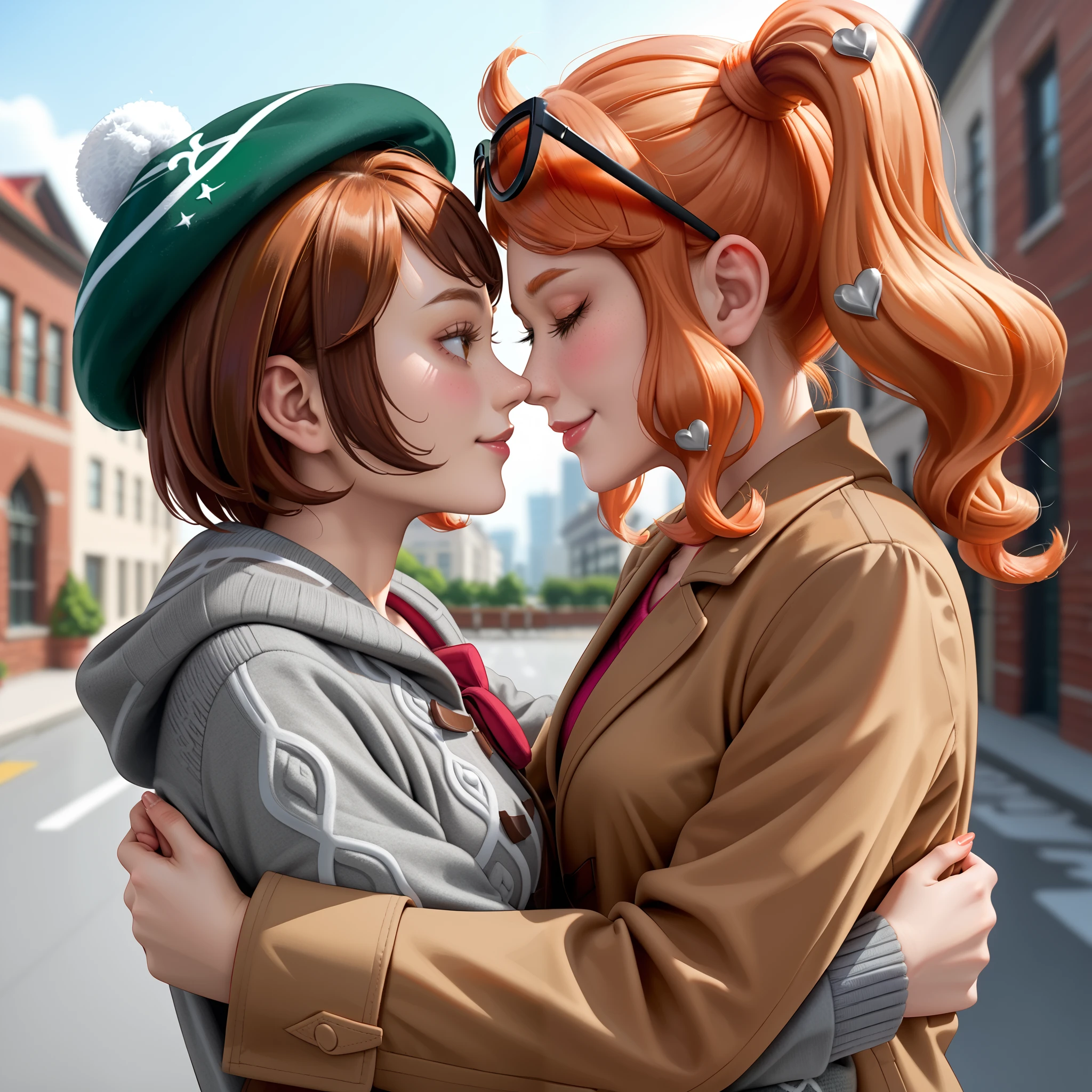 score_9, 2 girls, younger sister and older sister, ((Sonia:1.5), sunglasses on head, brown coat), ((Gloria:1.5), gray cardigan), hugging, looking at each other smiling, (eyes open:1.5), red brick city, high quality, detailed
