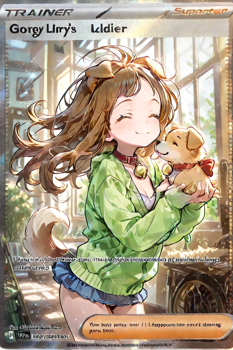 Nsfw, 1girl, solo, li, dog girl, dog ears, small breasts, neck bell, right brown eyes,
long hair, messy hair , cleavage, floating hair, sweater under jacket, microskirt,
happy, closed eyes,
with puppy,
tra1ner,
card_(medium), stats, holofoil, holographic,
prismatic, diffraction,
best quality, highres icon, highly detailed,
