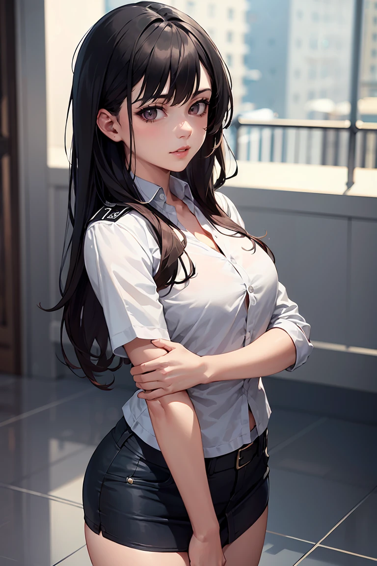 (masutepiece: 1.3), (max resolution: 1.2), (Ultra HDTV: 1.2), cinema lite, Ultra HDTV, (Detailed eyes and skin), (detailed facial features), ultgp, 8K resolution, Sharp Focus: 1.2, Perfect Style, Beautiful Face, accurate, Anatomically correct, Highly detailed face and skin texture, Detailed eyes, Dark-blue eyes, Double eyelids, Thin eyebrows, dropping eyes, (Glitter Eyeliner:1.2), Natural cheeks, Glossy skin, (Fair skin:1.2), shiny necklace and earrings, (Glossy lips: 1.4), BREAK, absurderes, One-person viewpoint, (she is high school Student), (Wear a Button up sheer white shirt:1.3), BREAK, (blazer of white), BREAK, (Pleated mini skirt of gray:1.2), (high heels), BREAK, (shy smile:1.2), (wet clothes:1.2), ((Innocent and very cute girl:1.3)), (high-ponytail hairstyle, Wavy Hair), (Dark brown hair:1.2), Medium Long Hair, (Cowboy shot: 1.2), Focus on Face, medium large breasts, ((Sitting with sexy pose on Instagram:1.2)), ((In the School Rooftop at rain of night:1.2)),