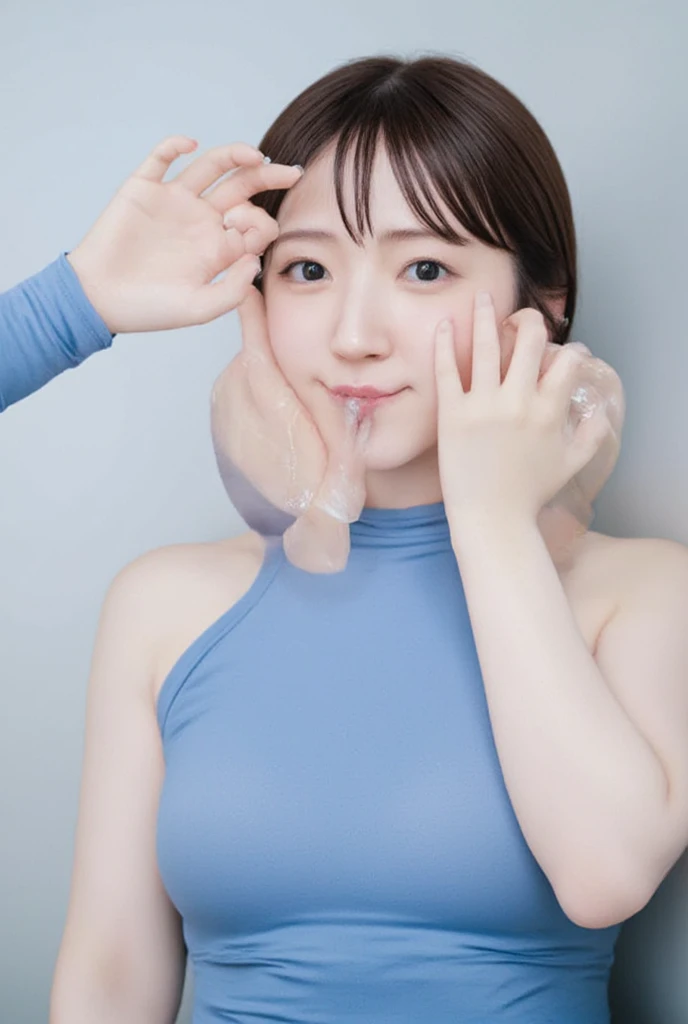 30 year old female teacher，slime shapeshifter，looking at viewer， Wearing only black underwear、long hair，170 cm，slime girl ,beautiful face，Hand dissolve，1woman，Body slightly dissolve，Cute appearance，Dissolve，Be confident、Standing on the street