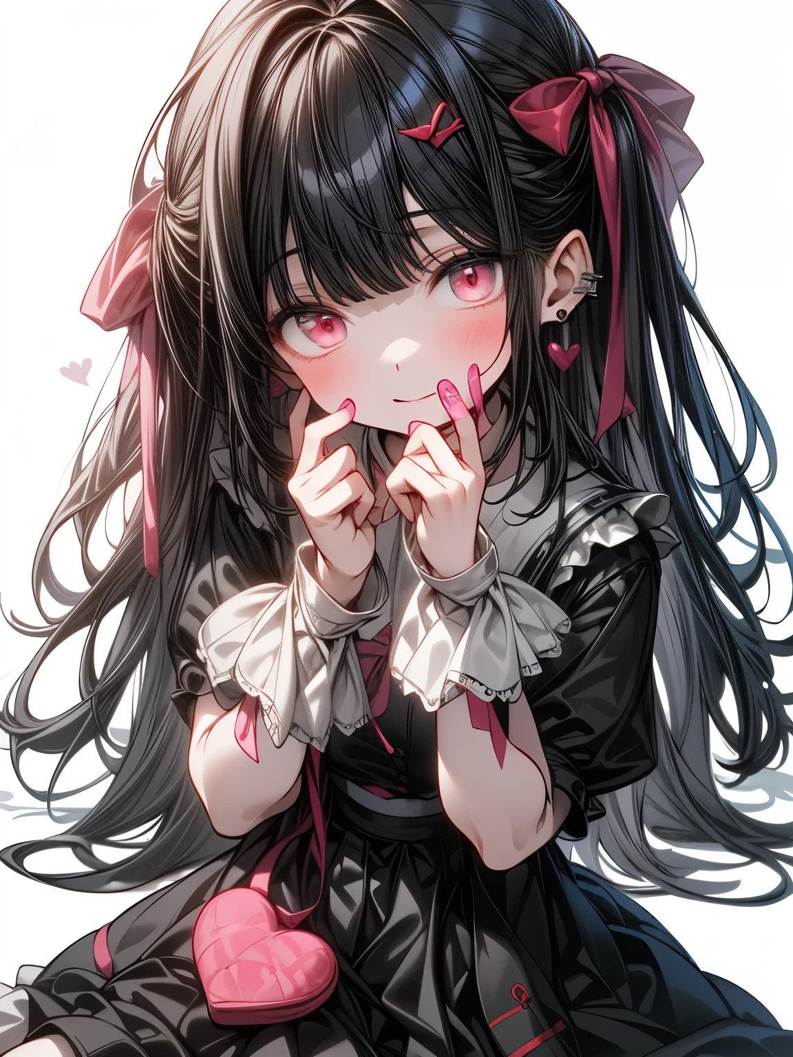 8k, pink adhesive plaster, pink lipstick, Sickly cuteいい, holding a bear, whole body, Front view, , cute face, sitting on the ground, an image of a girl, in the style of subtle color palette, oshare kei, deformed character, whole body, cute, an image of a girl, in the style of subtle color palette, Front view, distant view, full body, cute, Front , Sickly cute, holic girl, Yandere, long hair, long black hair, white skin, rich in detail, Holic Girl Addictive, Sick girl, black hairロング, dark hair, black hair, Life-size full body statue, masterpiece, best quality, very detailed, dark hair, long hair, black hairロング, Sickly cuteいい, Making a heart with hands, pink adhesive plaster, pink lipstick, black clothes, skirt, One Piece, frill, with lace, deformed character, full bodyを描く, You're sick, dark hair, long hair, landmine system, 4K, High Resolution, 8k, Extremely fine, realistic, HDR, Dark and Oppressive Atmosphere, Extreme Details, Vivid Color, Pink eyes, pink adhesive plasterを貼っている, pink lipstickを巻いている, earrings, with pink adhesive plaster on the face, have pink adhesive plasters on their cheeks, high image quality, high quality