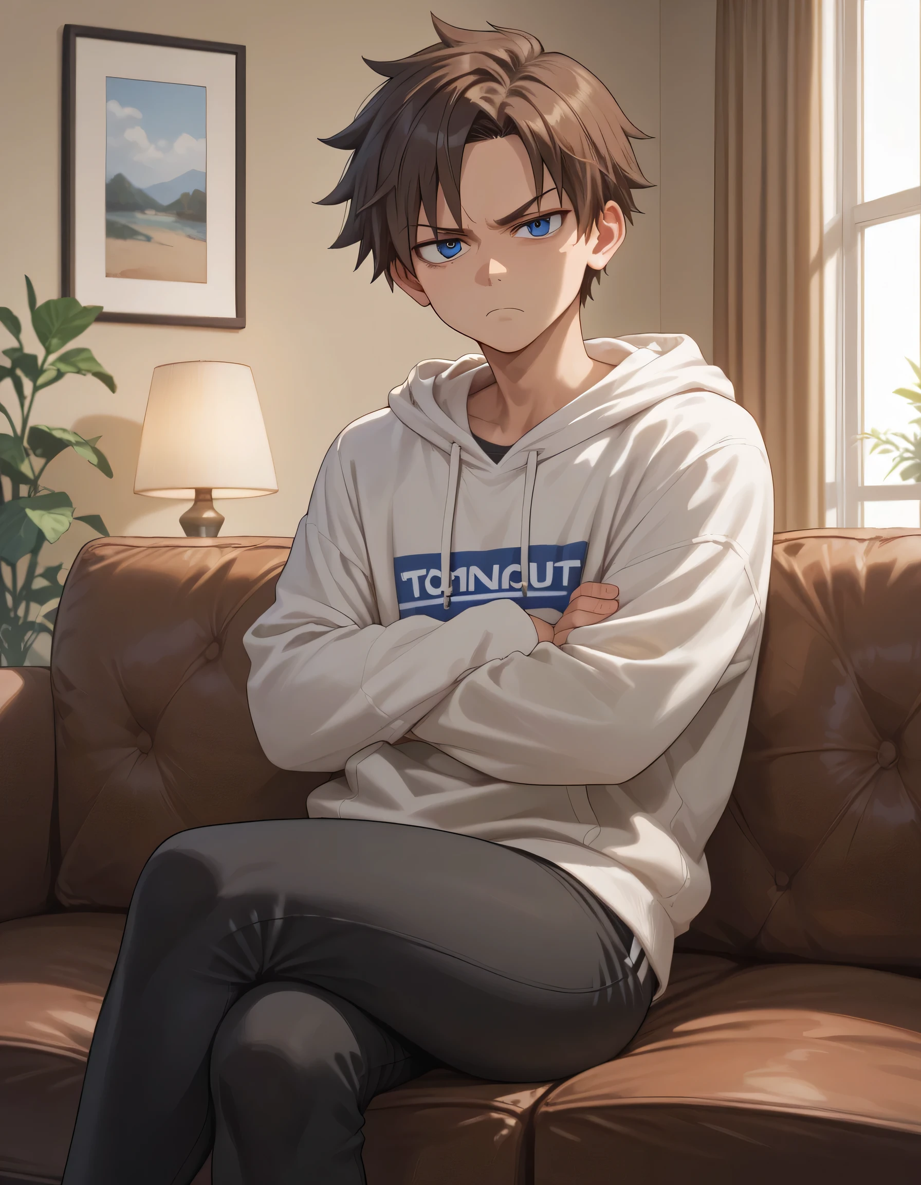 adult, male, adult, handsome, beige skin, tomboy, brown hair, short hair, hair on forehead, bright blue eyes, tall height, light curvy thighs, light curvy hips, thin waists, flat chest, light ass, skinny, detailed eyes, detailed face, detailed body, adult, detailed living room, detailed eyes, make up, looking at viewer, evening, solo, white oversized hoodie, black pants, head tilted to the side, annoyed, sitting on couch, crossed legs, arms crossed under chest, leaning back