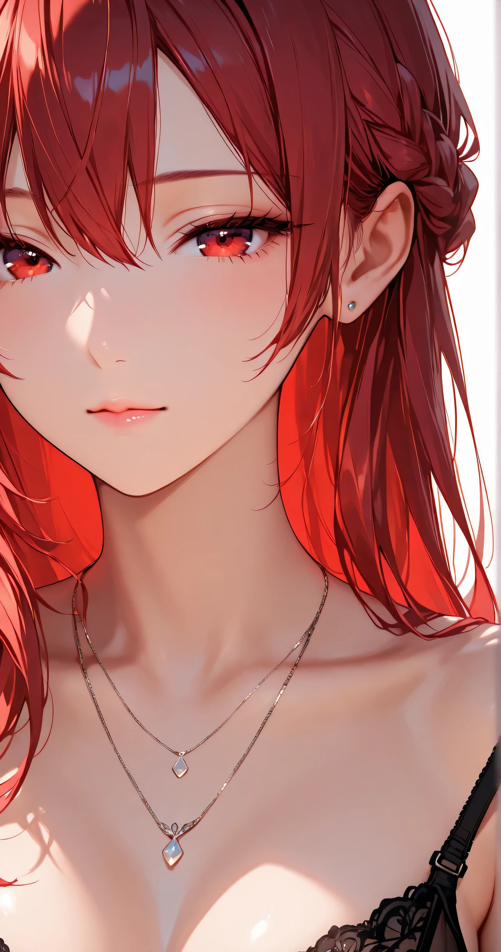 She is cute,
sharp focus (1.3), clear lines, crisp edges, crisp outlines, rich harmonized colors,
sharp focus on eyes and facial details, stunning clarity, sharp focus (1.5),
Well-defined facial features,
(soft red hair color, long hair), French braid, delicate strands, silky smooth,
Beautiful almond-shaped eyes with detailed irises, gentle shading, beautiful eyes, detailed eyes, detailed irises, red eyes, clear eyes(1.7),
exquisite eyelashes, Eyes with a sharp, confident look,
slender figure, fair flawless skin, soft pink lips,
calm and composed gaze, stunning clarity,
She wearing a see-through bra, (black bra:1.3), Silver heart-shaped necklaces, simple stud earrings, strap slip
white background, soft ambient lighting.
1girl, solo, no additional characters,
Masterpiece, best quality, ultra-detailed, 8k resolution,
[closed eyes: (narrowed eyes:1.1), Bewitching grace
face shot, front view, extreme close-up view, looking at viewer, profile,
highly detailed face, refined body, flawless skin, no tattoos or symbols on face.
