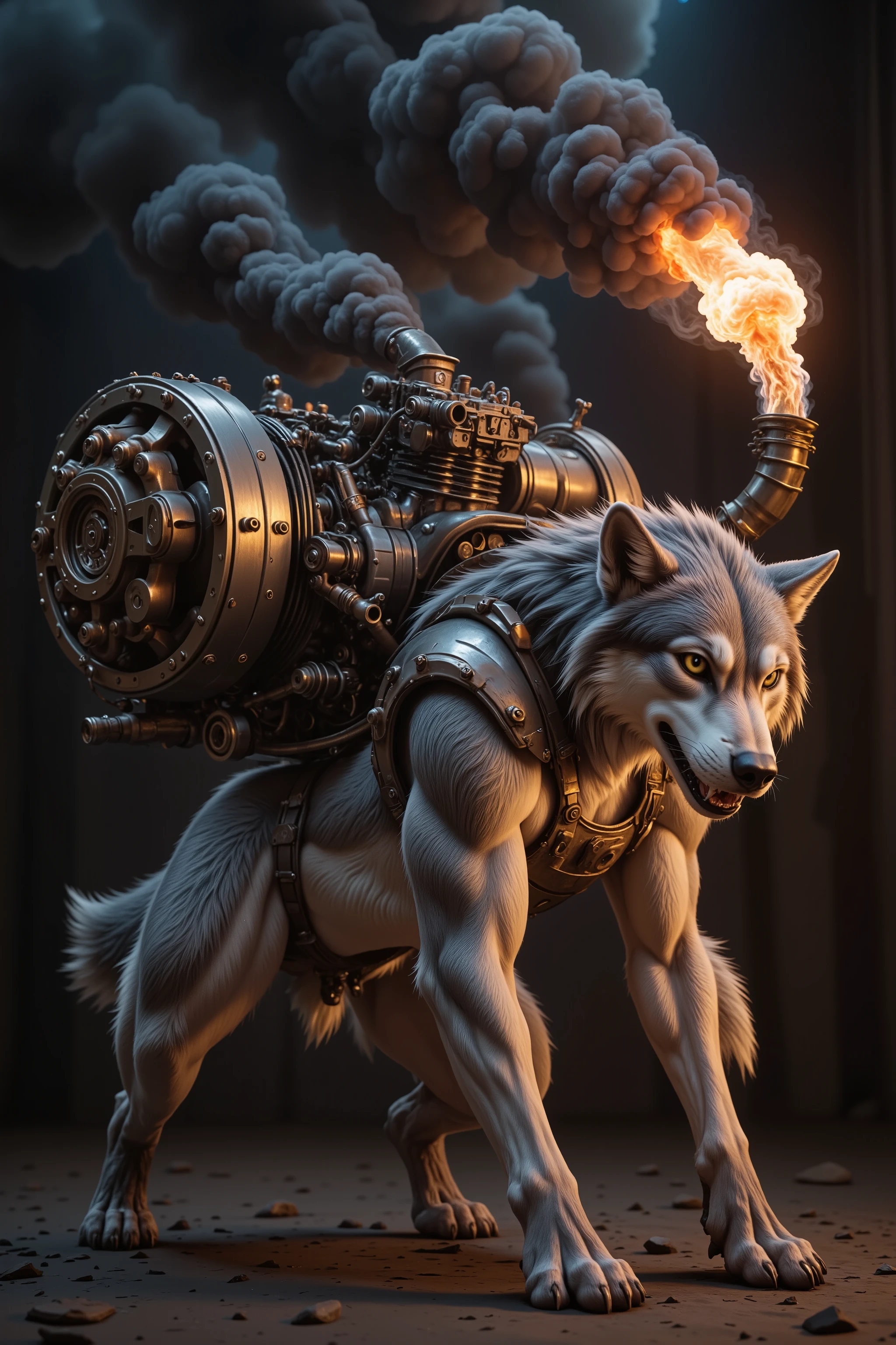 The image features a surreal fusion of a wild creature, combining the fierce head and front legs of a gas-powered running wolf with the robust back legs of a mechanical contraption. The wolf's fierce gaze is accentuated by the glint of metal, while its muscular front legs are poised in a dynamic stance, ready to spring into action. The rear is dominated by a bulky, four-stroke big leaf blower engine, intricately detailed with bolts and pipes, belching thick clouds of black diesel smoke. Flames erupt from the exhaust, casting an eerie glow that contrasts with the creature's wild essence. The composition is dramatic, framed against a darkened, moody background that highlights the mechanical elements and the raw power of the creature, invoking a sense of chaos and energy in a steampunk-inspired genre. The lighting is harsh, emphasising the smoke and flames, creating a striking visual tension between the organic and the mechanical.