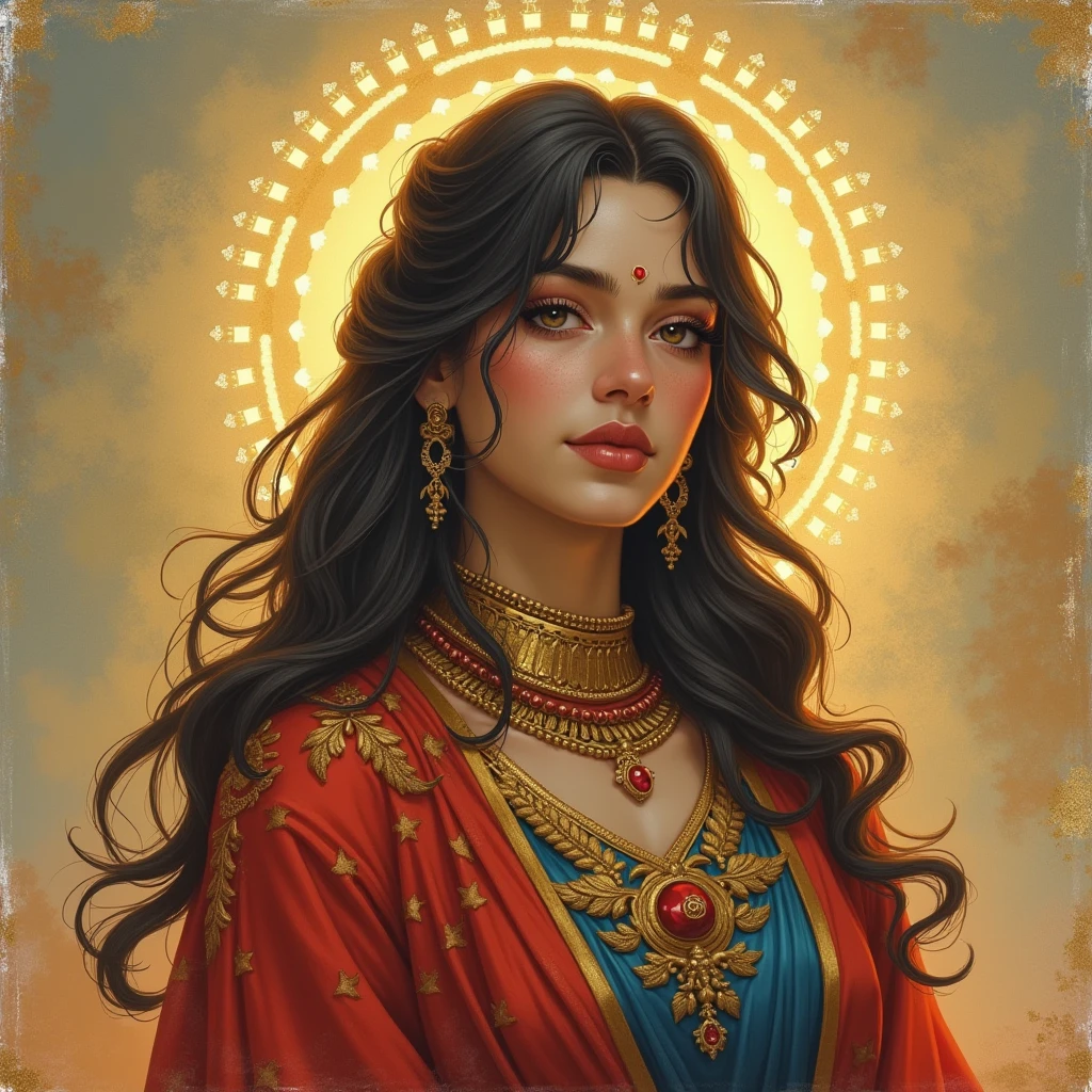 Command: ``/create prompt:a close up of an Indian warrior woman deity with black hair and a red mask, golden ornaments, silver trinkets,blood spatter,beautiful character,dark cyan tunic, yellow tunic, elegance, mystique, knowledge, dignified stance, intricate patterns, nature motifs, celestial motifs, deep contemplation, majestic cape, luxurious fabrics, swirling patterns, magical atmosphere, harmonious color palette, enchantment, wisdom. Tetradic, warm colors, best quality, masterpiece, high resolution, photorealistic, intricate, rich background painting,Andrew Atroshenko, artwork in the style of Andrew Atroshenko, black haired deity, byAlexandr Averin , epic exquisite character art, stunning character art, by Jules Bastien-Lepage,on pixiv artstation  model:Sreal`` --auto