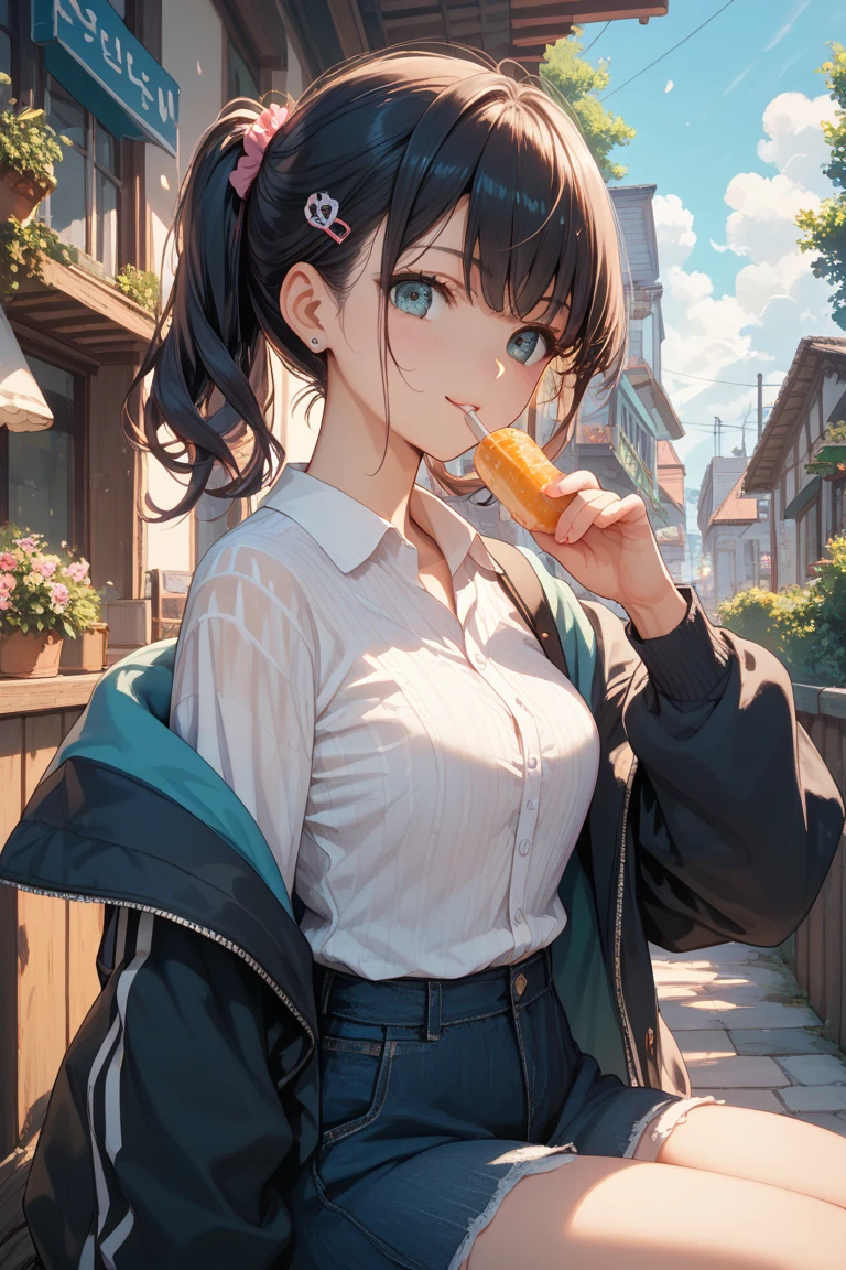 Best Quality, masutepiece, beautiful mature women、Beautiful face、Strong-minded woman、Office Suits、Brown pants、brown haired、Brown-eyed、Longhaire、Undersized eyes、Full body like、Before Seven-Eleven、outside of house、Eating popsicles