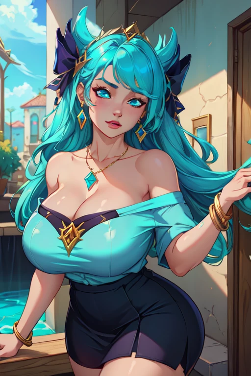 masterpiece, best quality, ultra-detailed, illustration, colorful, falt color, depth of field, lens flare, 1girl, sona \(league of legends\), NSFW, blue hair, blue eyes, gradient hair, twintails, hair ornament, anime, (shortstack), (shortstackBT), (closeup), (upper body), sitting, looking at viewer, school, classroom, lace underwear, short height, navel, detailed skin texture, beautiful detailed face, smile, seductive, alluring attire, collarbone, (gigantic breasts, saggy breasts, huge breasts, curvy, voluptuous, curvaceous), (hands on hips), nip-slip, visible areolas