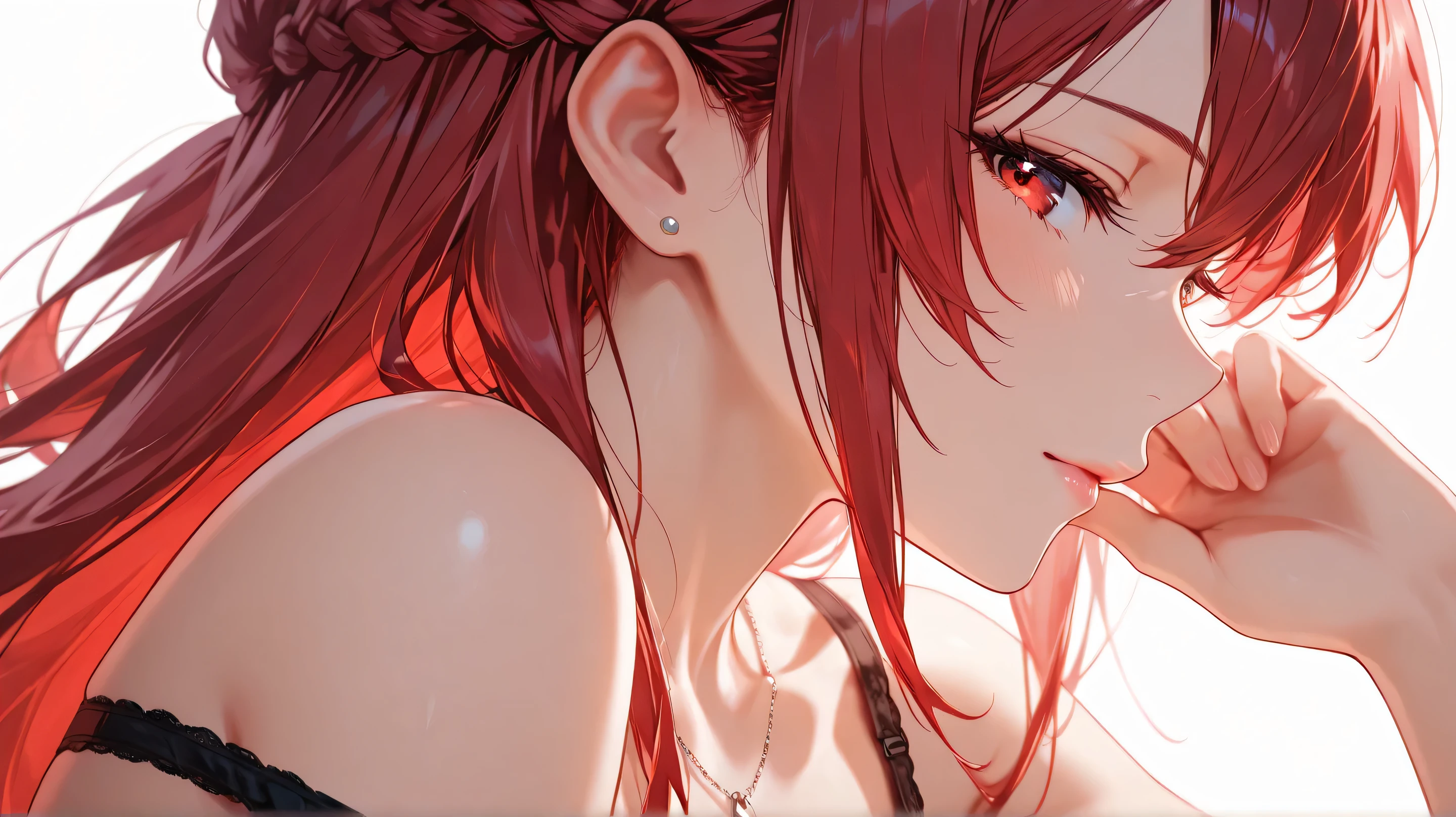 She is cute,
sharp focus (1.3), clear lines, crisp edges, crisp outlines, rich harmonized colors,
sharp focus on eyes and facial details, stunning clarity, sharp focus (1.5),
Well-defined facial features,
(soft red hair color, long hair), French braid, delicate strands, silky smooth,
Beautiful almond-shaped eyes with detailed irises, gentle shading,  beautiful eyes, detailed eyes, detailed irises, red eyes, clear eyes(1.7), 
 exquisite eyelashes, Eyes with a sharp, confident look,
slender figure, fair flawless skin, soft pink lips,
calm and composed gaze, stunning clarity,
She wearing a see-through bra, (black bra:1.3), Silver heart-shaped necklaces,  simple stud earrings, strap slip　
white background, soft ambient lighting.
1girl, solo, no additional characters,
Masterpiece, best quality, ultra-detailed, 8k resolution,
[closed eyes: (narrowed eyes:1.1), Bewitching grace
face shot, front view, extreme close-up view, looking at viewer, profile,
highly detailed face, refined body, flawless skin, no tattoos or symbols on face.