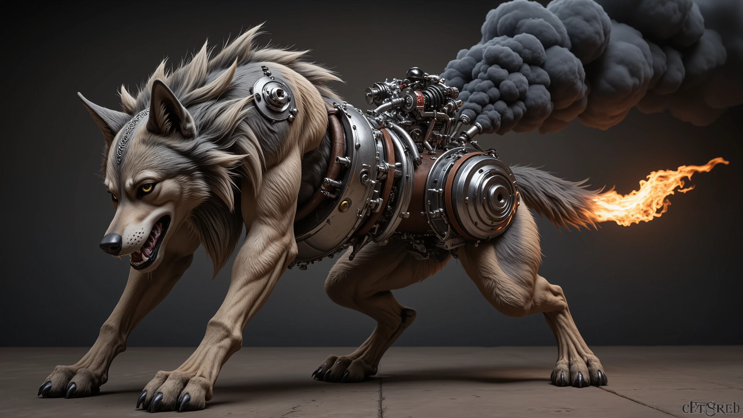 The image features a surreal fusion of a wild creature, combining the fierce head and front legs of a gas-powered running wolf with the robust back legs of a mechanical contraption. The wolf's fierce gaze is accentuated by the glint of metal, while its muscular front legs are poised in a dynamic stance, ready to spring into action. The rear is dominated by a bulky, four-stroke big leaf blower engine, intricately detailed with bolts and pipes, belching thick clouds of black diesel smoke. Flames erupt from the exhaust, casting an eerie glow that contrasts with the creature's wild essence. The composition is dramatic, framed against a darkened, moody background that highlights the mechanical elements and the raw power of the creature, invoking a sense of chaos and energy in a steampunk-inspired genre. The lighting is harsh, emphasising the smoke and flames, creating a striking visual tension between the organic and the mechanical.