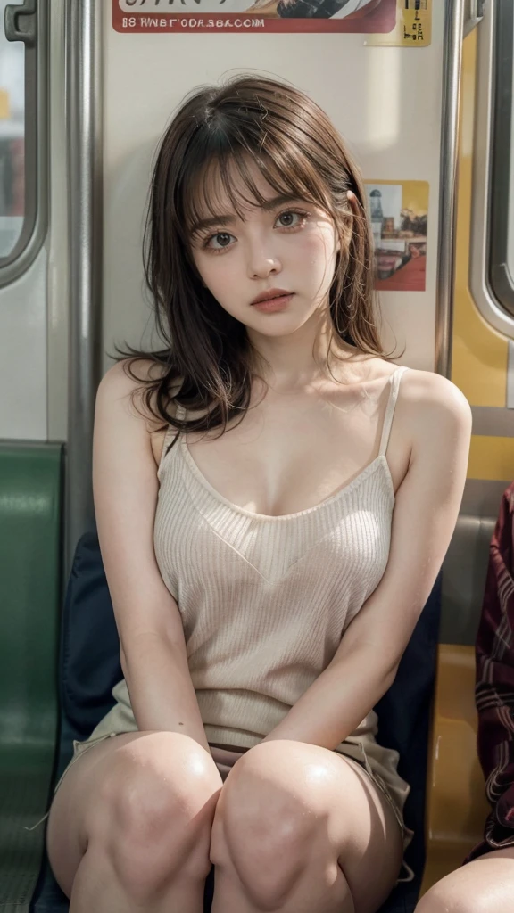 Voyeurism, top quality, ultra-high resolution, very detailed skin, physical rendering, , flat chest, down blouse, Japanese student, girl is not wearing a bra, size big blouse, , (senuous), sitting, bending forward in the train, short hair, necklace, ((nipples can be seen from the neck of the clothes)), from the upper left, focus on the chest, high brightness