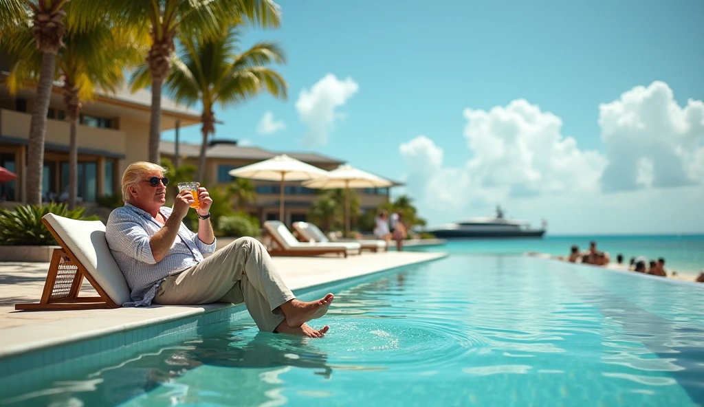 RAW photo, a portrait photo of 45 y.o billionaire white man and gorgeous wife together celebrating life, formal clothes, standing in a suit at his beach front ultra luxury minimal style villa wondering about life, natural skin, 8k uhd, high quality, film grain, Fujifilm XT3, full body and head straight in the photo, facing the viewer of the photo, eyes fixed to the lens, appears shoulders and head in the photo, man and woman centered in the photo, 8k, best quality, masterpiece, realistic, realistic photo, movie photo, ultra realistic, 2 person, detailed, perfect lighting, DSRL, professional photo, 4k, background full view of the ultra-luxury beach front Caribbean villa with inanity pool in the summer with his attractive wife in the poll relaxing with a cocktail, 16:9 aspect ratio