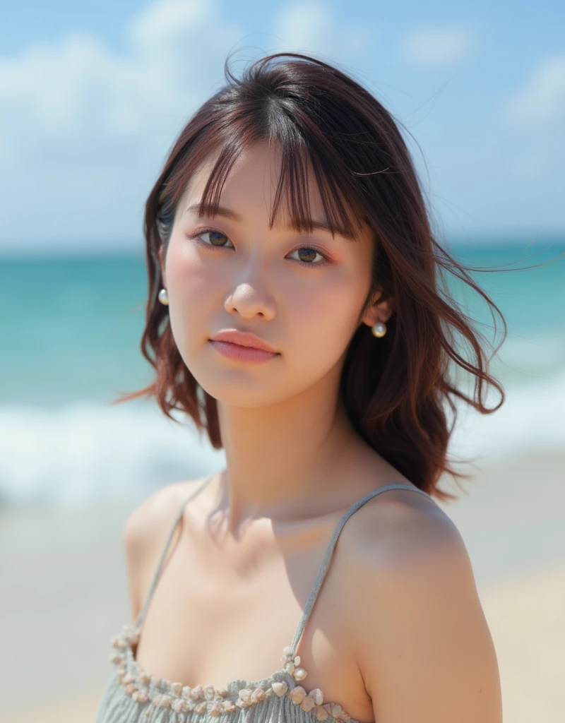 8K, masterpiece, Raw photo, highest quality, realistic, extremely detailed CG unity 8K wallpaper, cinematic light, Lens flare, ray tracing, (very beautiful face, plump lips, beautiful eyes, Big eyes), deep shadow, beautiful japanese woman, 1 girl, (very slim slender fit-muscled body:1.2), medium breasts,mysterious look, (morning, (blurred background), pale light),resort beach, (with no people in the background:1.3), beautiful earrings, bracelet, necklace, (Long dress, Floral, short sleeve, Do not expose skin around the chest),clear eyes, black eyes, brown hair, walk, turn to the side, join your hands behind your back, full body shot, long shot, japanese model