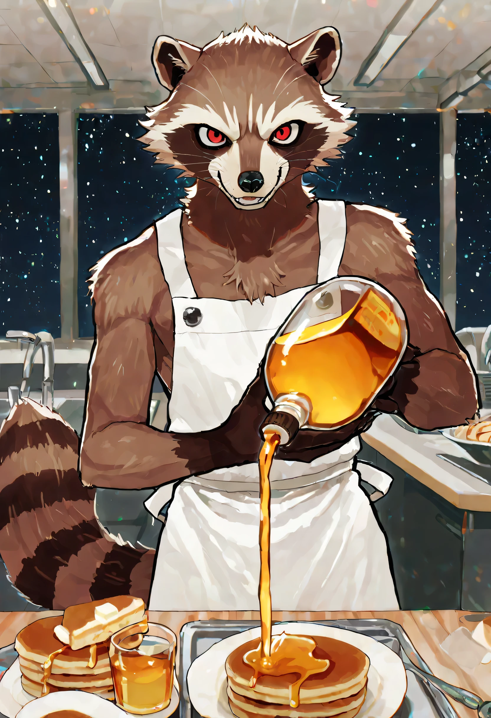 (soft shading), 4k, hi res, ((detailed face, detailed, Best quality, masterpiece, detailed anatomy, detailed eyes, perfect shading)), by K0BIT0WANI, by K0BIT0WANI, by Bebebebe, 1male, Rocket Raccoon, dark red eyes, brown furs body, skinny chub body, tail, white apron, in the space station kitchen, standing up, pancakes on the table, looking at viewer, holding the bottle of honey in right hand, pouring honey falling on top of the pancake
