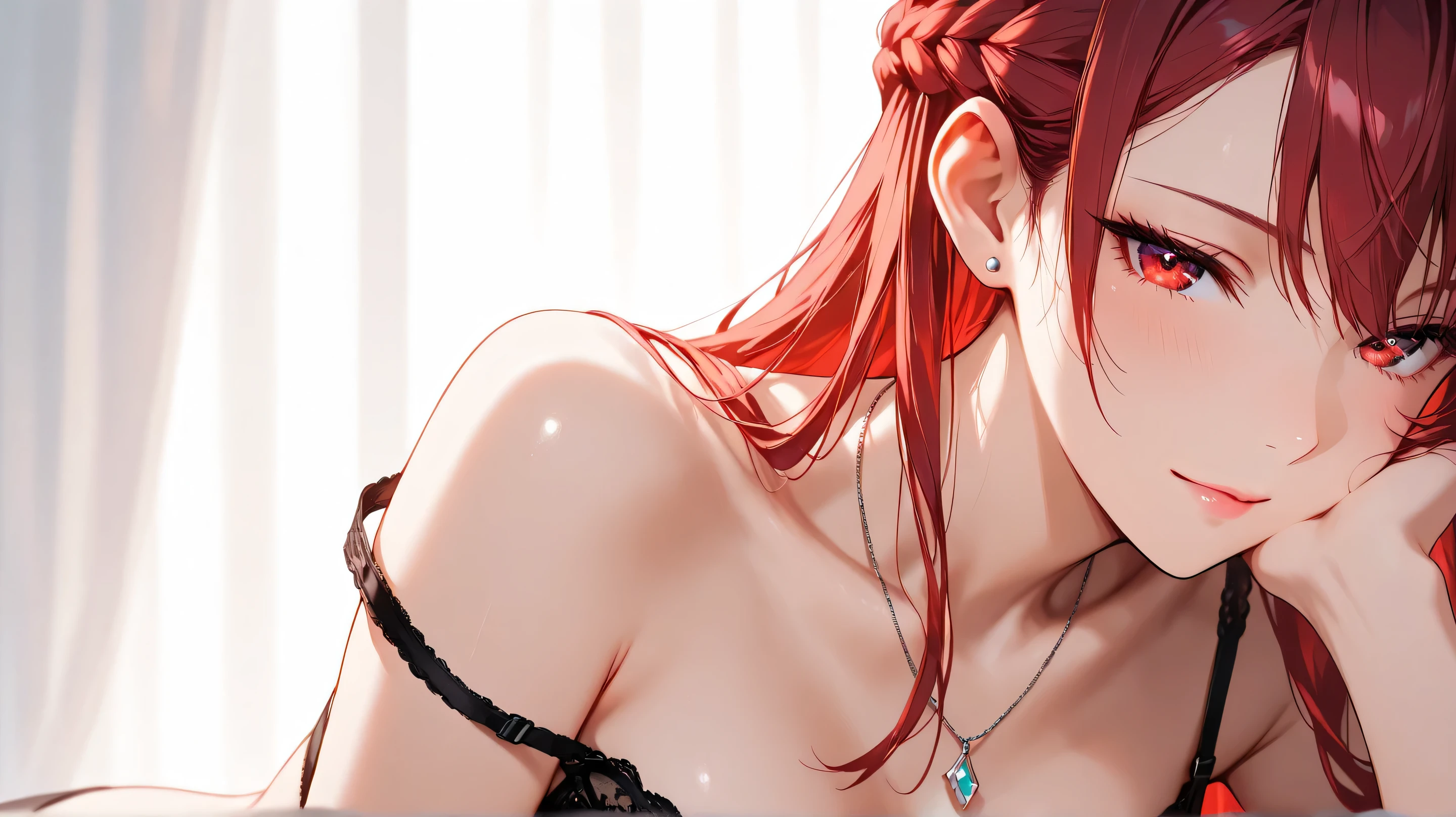 She is cute,
sharp focus (1.3), clear lines, crisp edges, crisp outlines, rich harmonized colors,
sharp focus on eyes and facial details, stunning clarity, sharp focus (1.5),
Well-defined facial features,
(soft red hair color, long hair), French braid, delicate strands, silky smooth,
Beautiful almond-shaped eyes with detailed irises, gentle shading, beautiful eyes, detailed eyes, detailed irises, red eyes, clear eyes(1.7),
exquisite eyelashes, Eyes with a sharp, confident look,
slender figure, fair flawless skin, soft pink lips,
calm and composed gaze, stunning clarity,
She wearing a see-through bra, (black bra:1.3), Silver heart-shaped necklaces, simple stud earrings, strap slip
white background, soft ambient lighting.
1girl, solo, no additional characters,
Masterpiece, best quality, ultra-detailed, 8k resolution,
[closed eyes: (narrowed eyes:1.1), Bewitching grace
face shot, front view, extreme close-up view, looking at viewer, profile,
2D anime style(1.3),
highly detailed face, refined body, flawless skin, no tattoos or symbols on face(1.3).