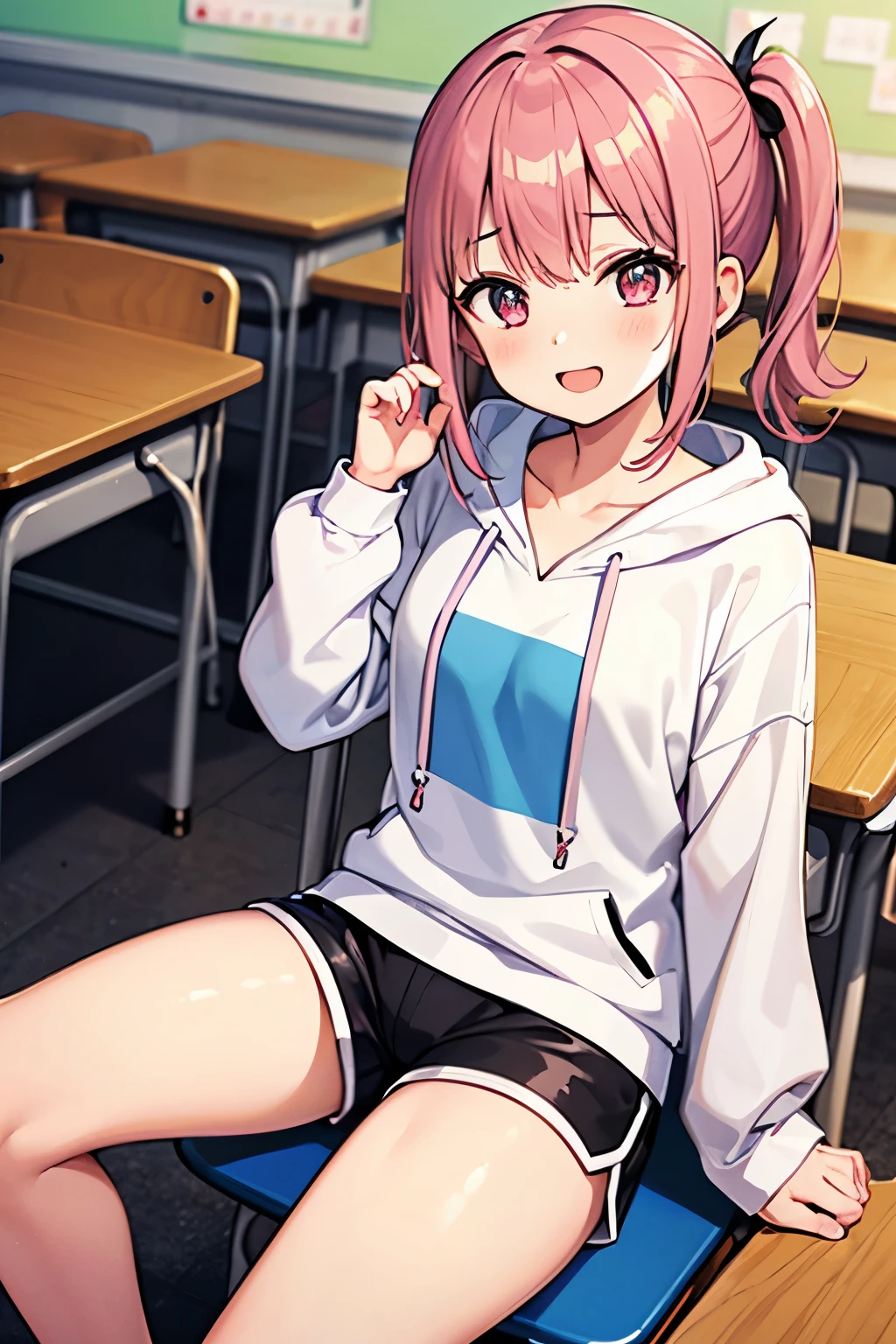 hitorigotou, hitori gotou, blue eyes, cube hair ornament, hair between eyes, hair ornament, pink hair, one side up, long hair,
BREAK black skirt, jacket, long sleeves, (pink jacket:1.5), pleated skirt, skirt, track jacket, track suit,
BREAK looking at viewer,
BREAK indoors, classroom,
BREAK (masterpiece:1.2), best quality, high resolution, unity 8k wallpaper, (illustration:0.8), (beautiful detailed eyes:1.6), extremely detailed face, perfect lighting, extremely detailed CG, (perfect hands, perfect anatomy),(stripe panties:1.5), sitting on desk, spread legs, open legs, knee up, leaning back, small breasts, (short, tiny, little:1.5), blush, embarrassed,from below, cowboy shot, dutch angle