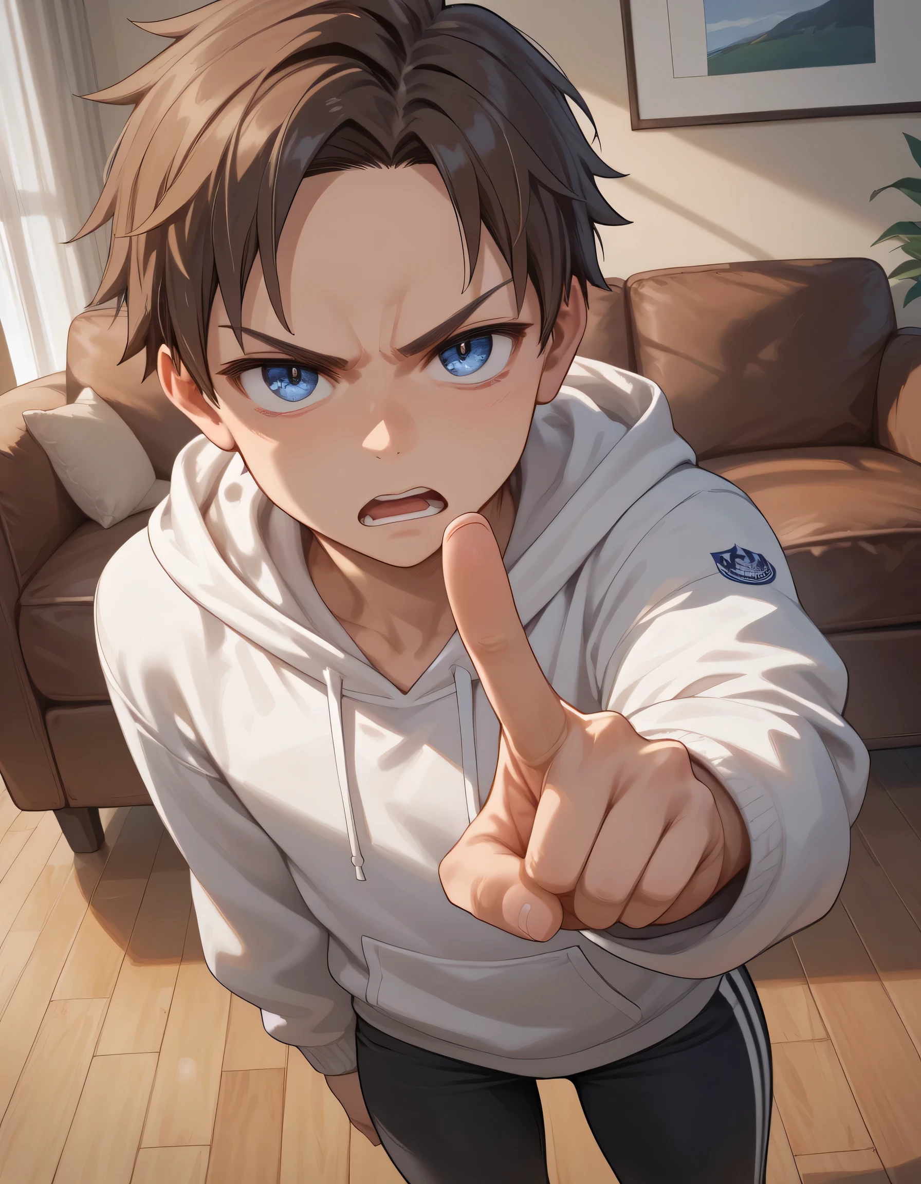 adult, male, adult, handsome, beige skin, tomboy, brown hair, short hair, hair on forehead, bright blue eyes, tall height, light curvy thighs, light curvy hips, thin waists, flat chest, light ass, skinny, detailed eyes, detailed face, detailed body, adult, detailed living room, detailed eyes, make up, looking at viewer, evening, solo, white oversized hoodie, black pants, head tilted to the side, annoyed, standing, close view, pointing finger for viewer, from above, open mouth slightly, angry, POV body, finger poking in POV chest