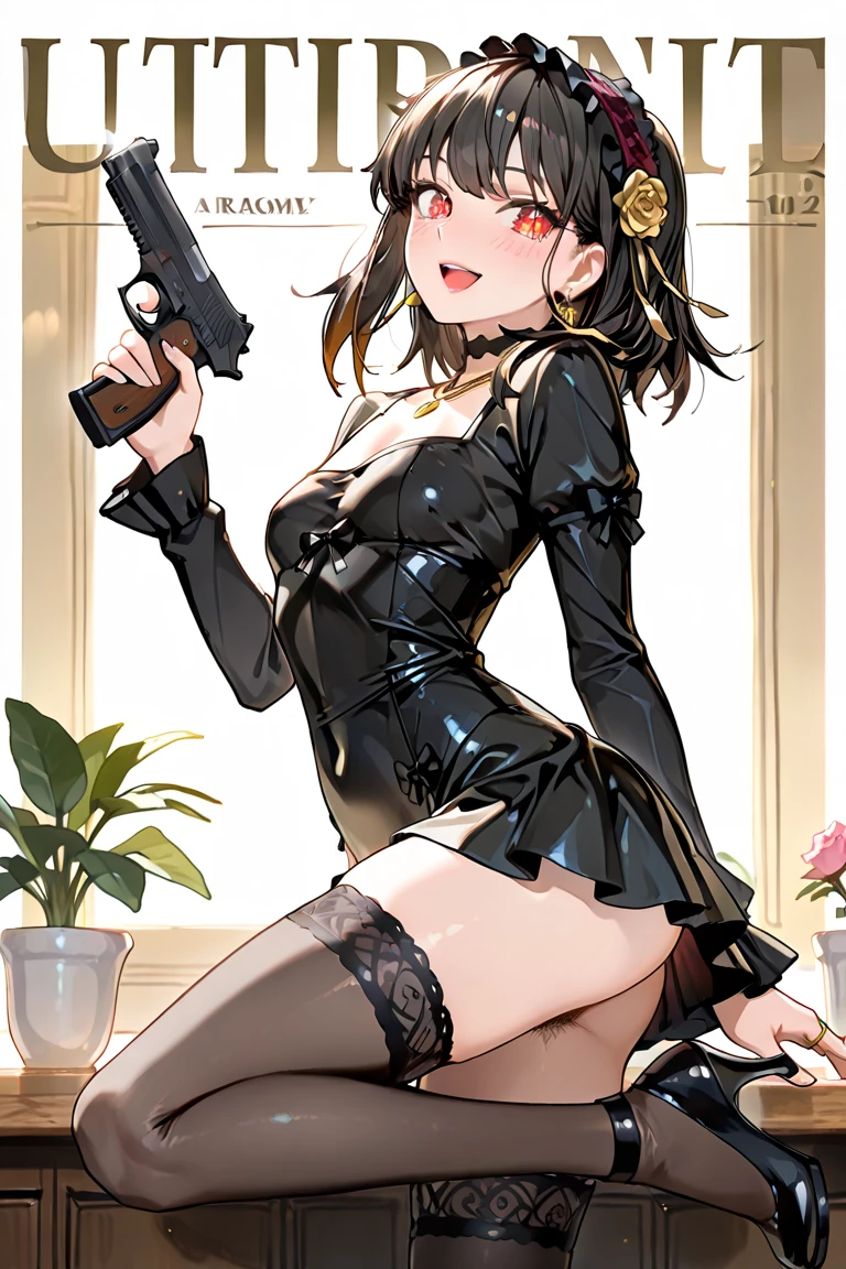Masterpiece, hyper detailed 8k, perfect anatomy, lying, 2rich Short black haired girls nude, money and gun on bed, looking at viewer, slender body, blue eyes, flashing Pussy, showing Titties, seductive blush smiling, arms up, from below, young and very pretty girl, sheer, gleaming skin, upper tits, on gray colored bed, (accurate depiction of real girls Pussy and breasts), money and gun on bed, full body shot, girls wearing black high heels, diamond ring, golden earrings, golden watch, pearl necklace, navel piercing on belly button and Christina piercing on her pussy, only small pearl white bra, sexy bangles, straight legs, Spreading her pussy, full body shot, black short hair