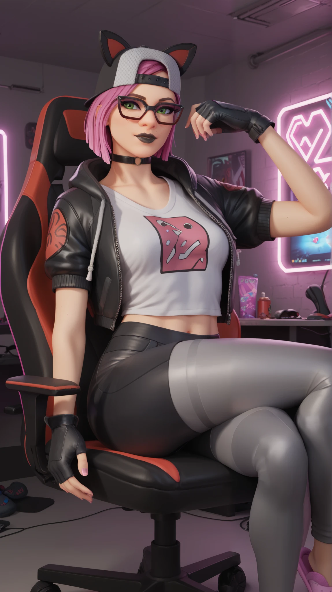 girl (masterpiece),choker,black lips,black cap,fingerless gloves,evening (only)loose Dark gray V-neck t-shirt, Black jacket (black leather shorts with grey leggings),video games,gamer room,with neon light,beautiful green eyes,short pink hair,glasses,sitting in a gaming chair, legs crossed,cat slippers ,dynamic pose,black Futuristic room, neon light