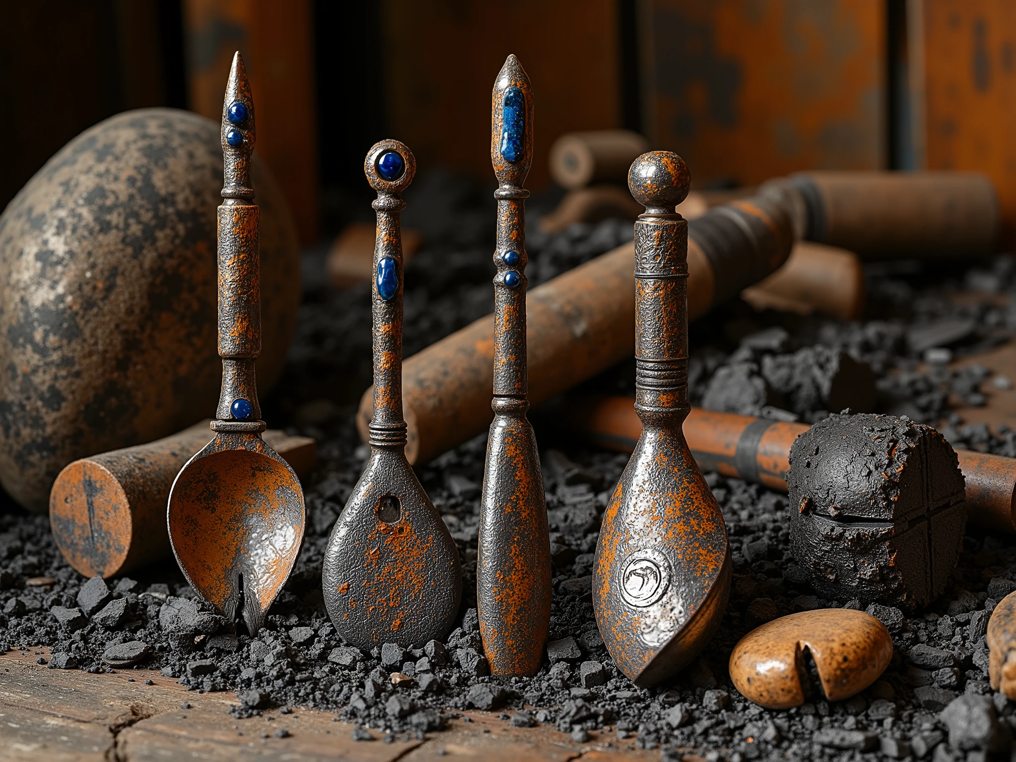 Mapuche tools and utensils, forged steel, Rusty, lapiz lazuli, ((pieces of stone,  wood, metal)) oxide, (Charcoal ), land, (Fire). Tonos ocre y land, metals, strength, Charcoal . ((Take with a 150mm lens, close up)) (((shot From Front))) composition of utensils and tools, strength, work, texture