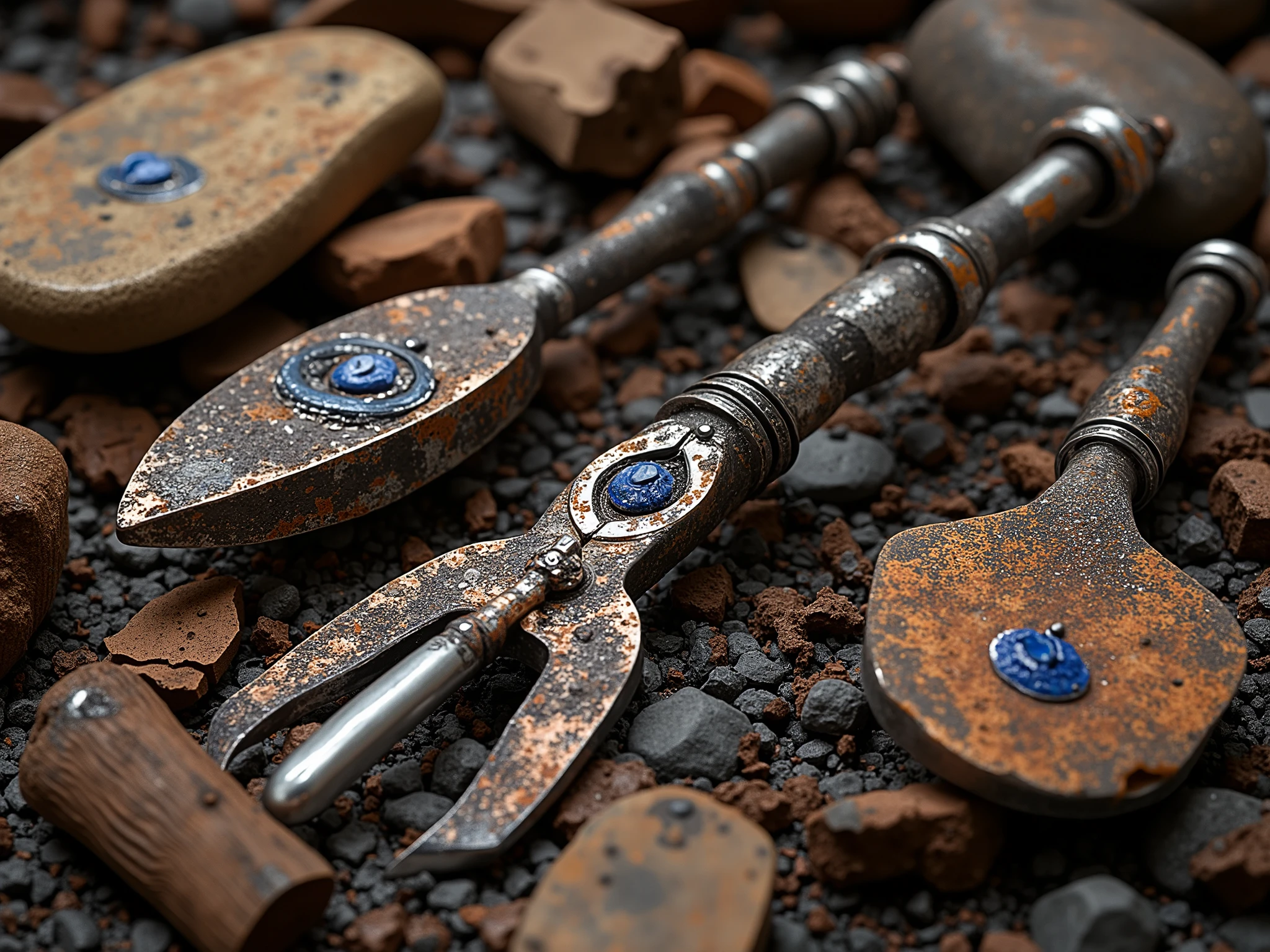 Mapuche tools and utensils, forged steel, Rusty, lapiz lazuli, ((pieces of stone, wood, metal)) oxide, (Charcoal ), land, (Fire). Tonos ocre y land, metals, strength, Charcoal . ((Take with a 150mm lens, close up)) (((shot From Front))) composition of utensils and tools, strength, work, texture