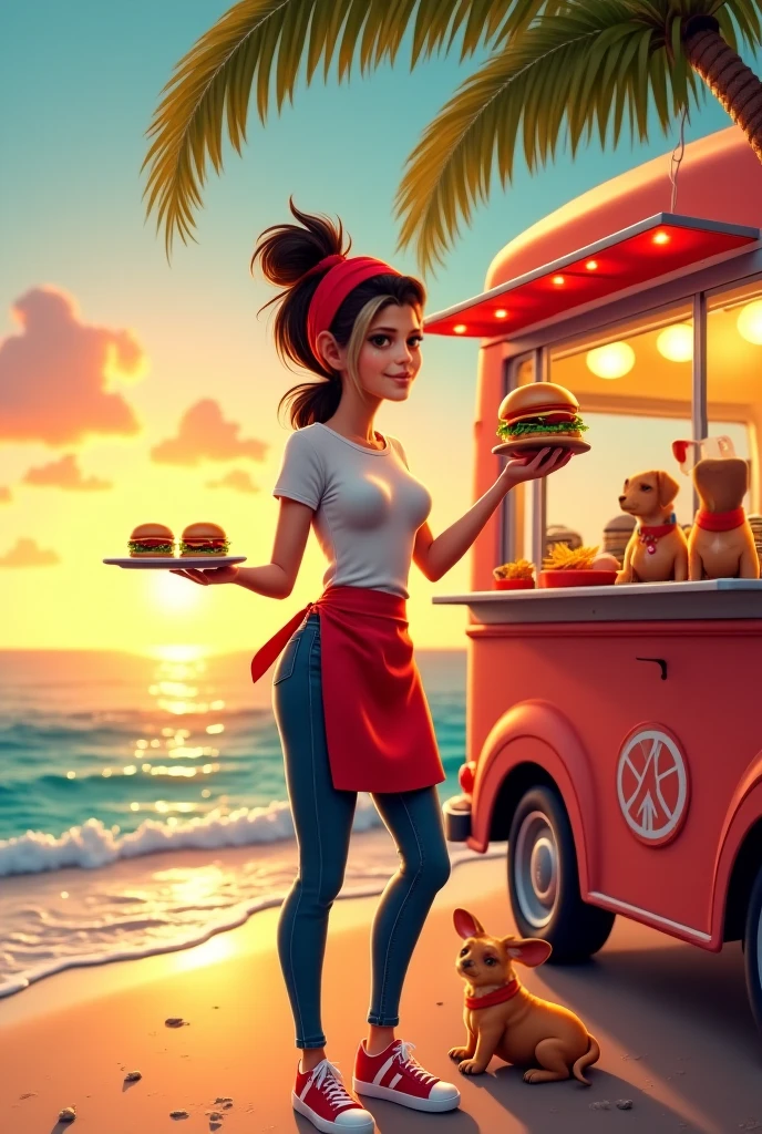 (best quality,4k,8k,highres,masterpiece:1.2),ultra-detailed,(realistic,photorealistic,photo-realistic:1.37),sexy bimbo,feminine beauty,buxom lady,voluptuous woman,eye-catching outfit,big breasts,big butt,goddess-like figure,perfect curves,enticing curves,ravishing physique,flamboyant attire,revealing outfit,provocative clothing,nipples barely covered,hot dog stand,beach setting,lively atmosphere,bustling crowd,energetic vibe,horny men,long queue,eager customers,mad wives,jealous glares,summer beach colors,vibrant surroundings,endless sun,scorching heat,brilliant sunlight,sultry breezes