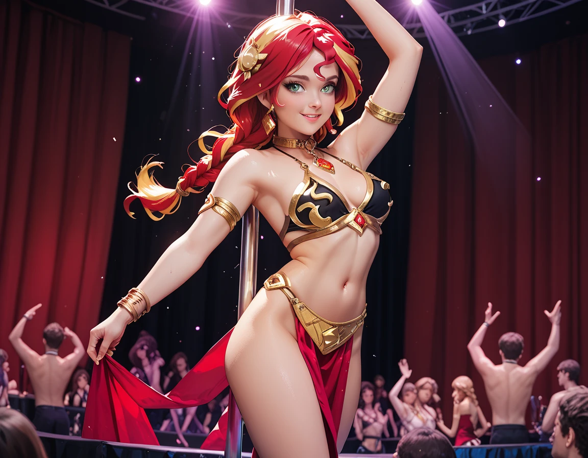 (masterpiece:1.2), (best quality,:1.2), 1girl, full body shot, large breasts, short hair, blonde hair, high ponytail, fit and petite body, abs, shy, blush, smile, walking on the stage, catwalk, <lora:eyepatch_bikini_v0.1:0.85>, red bikini,
red summer sandals, straw hat, sunglasses, golden bracelet, golden leg straps, necklace,
fashion show,