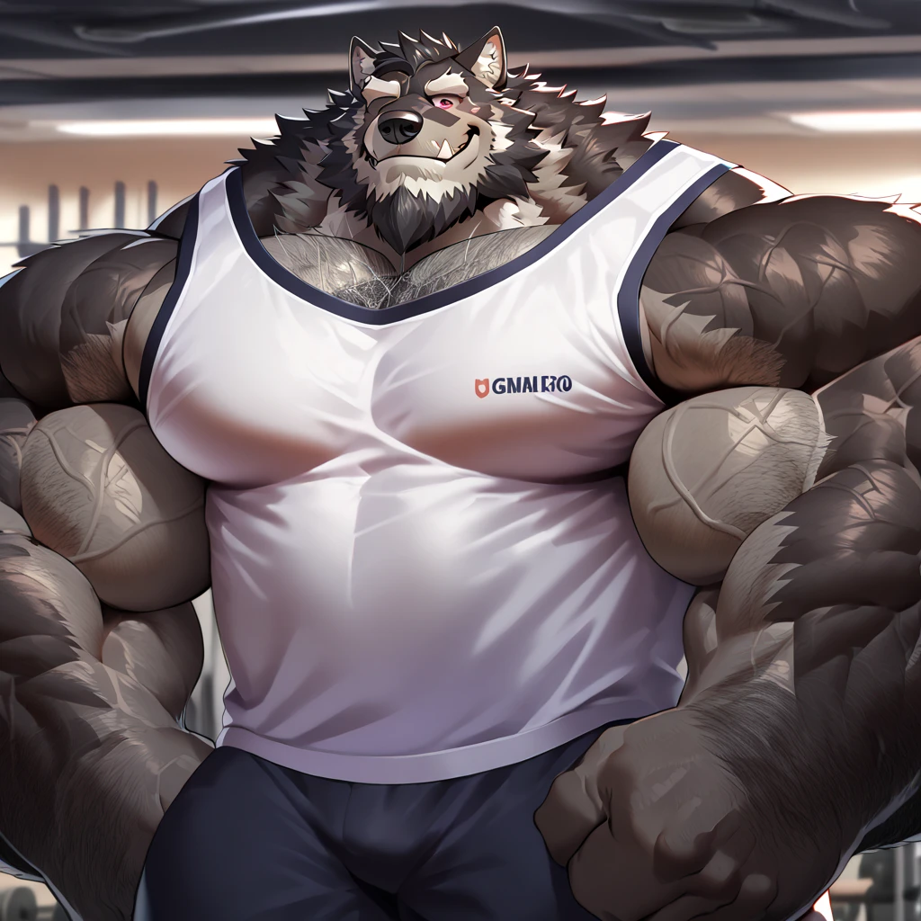 solo, 1boy, Huge Muscular Old Grizzly Bear wearing glasses , pectoral, huge pectoral, wide pectoral, short white hair, short pants, black wristbands and black tank top , bearded, Mustache, simple background, masterpiece, high detailed, 8k, high resolution, at the gym, flexes huge muscles