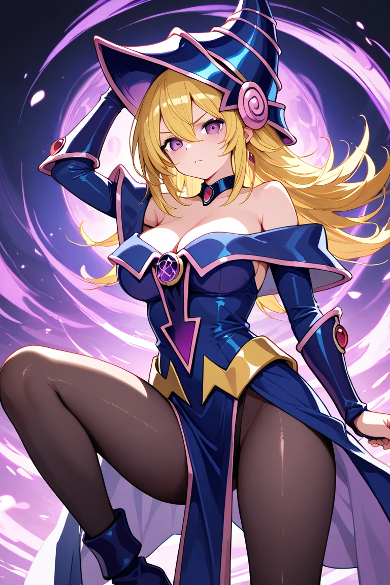 (Highest quality、High resolution、8k、masterpiece:1.2)。Black Magician Girl、Super Breasts、Curvy but slim、Blonde、magic circle、Wink、Cute anime face、Pink blush on cheeks、Noise Reduction、Holding a walking stick、Back view、turn around、Full body portrait、Levitation、Cheerful pose。Red Eyes Black Dragon behind。