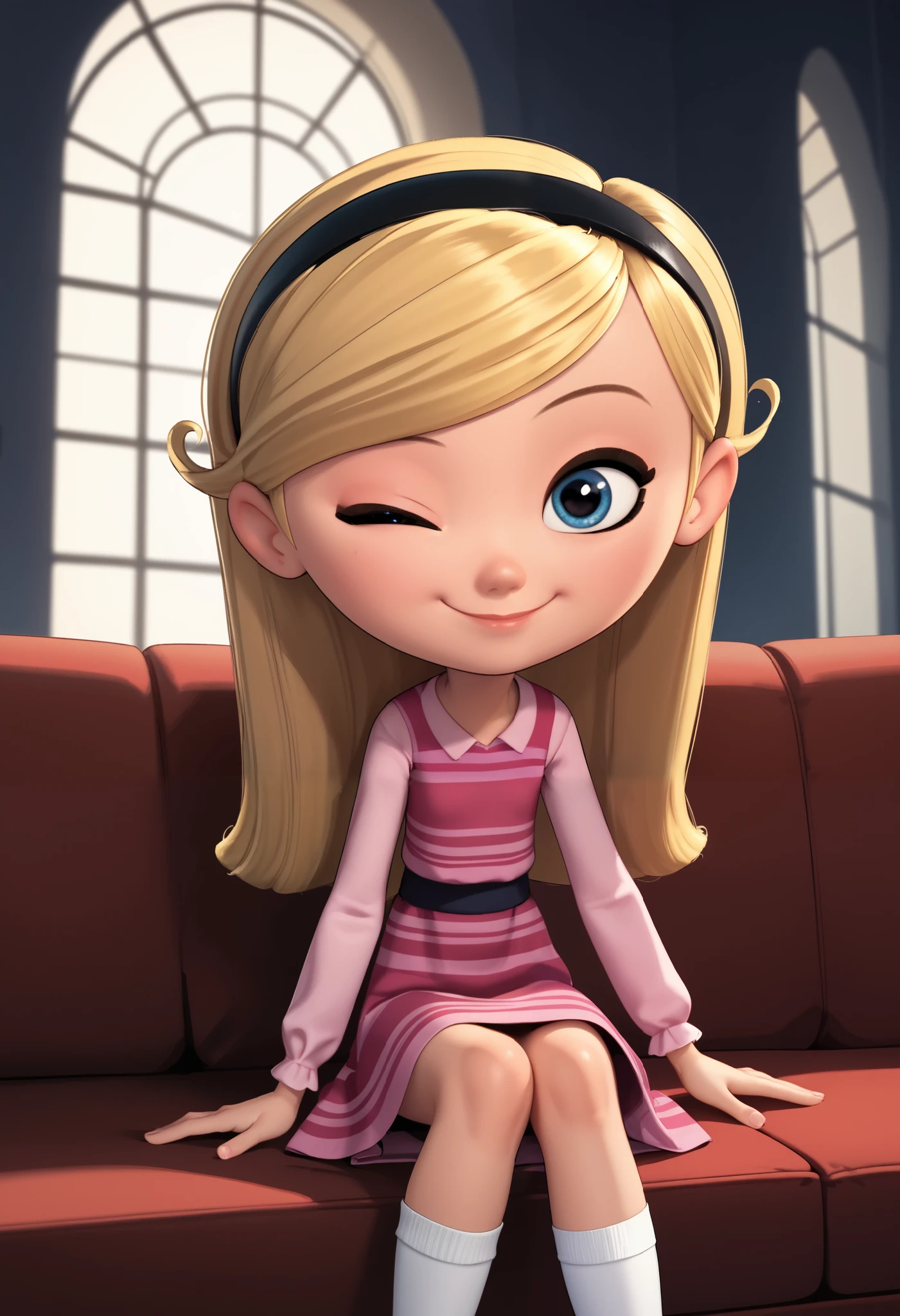 penny peterson, long hair, blue eyes, 3d, blonde hair, skirt, hairband, black hairband, white socks, dress, pink dress, long sleeves, no shoes, score_9, score_8_up, score_7_up, score_6_up, score_5_up, sitting, sofa, leaning forward, indoors, perfect body, cute giggle, smiling, joyful, cute smile, closed mouth, heart-warming, one eye closed, looking at viewer, soft lighting