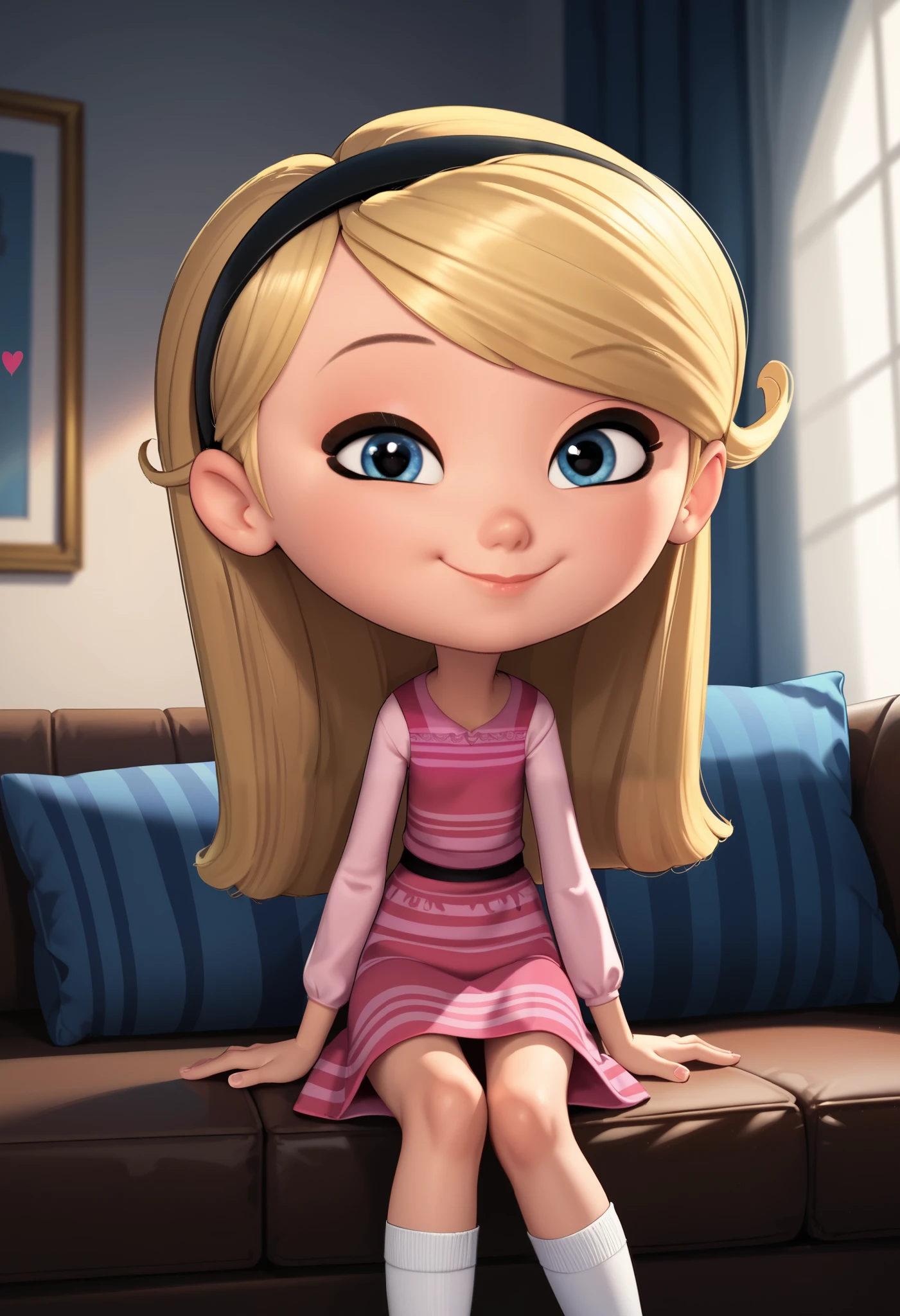 penny peterson, long hair, blue eyes, 3d, blonde hair, skirt, hairband, black hairband, white socks, dress, pink dress, long sleeves, no shoes, score_9, score_8_up, score_7_up, score_6_up, score_5_up, sitting, sofa, leaning forward, indoors, perfect body, cute giggle, smiling, joyful, cute smile, closed mouth, heart-warming, one eye closed, looking at viewer, soft lighting