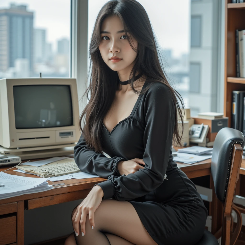 1 girl sitting on an office chair，,(European model:1.3),31 years old,Exquisite,Business women&#39;s clothing,(jacket:1.1),(shirt:1.1),(Wrap Dress:1.1),Jewelry,knitwear,stocking,black，Goosebumps,goose，（Honesty：1.3），Filigree，quality，（masterpiece：1.2），（Honesty：1.2），（Best quality），（Skin detailed：1.3），（Intricate details），drama，Ray Tracing，Light Solution，Bathed in shadows，Visual novel，Boss&#39;s office in a skyscraper，Windows with city views，Film Grain，Depth of Field