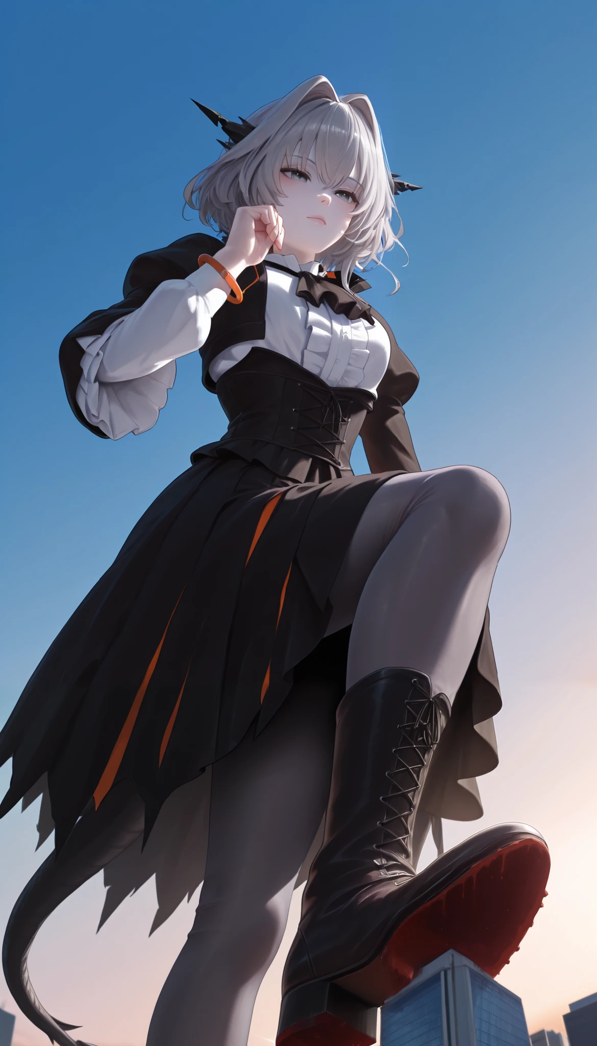 one woman, one person only, tlhdef, dragon tail, short hair, grey hair, hair intakes, black horns, dragon horns, grey eyes, black jacket, cropped jacket, open jacket, juliet sleeves, underbust, orange bracelet, white shirt, center frills, black ascot, black corset, black skirt, (giantess:1), blue sky, Outdoors, long boots, from below,white skin,Grey Stockings,is raising one leg,Soles,Solesを見せている,Trying to step on it,evening,Blood stained shoe soles,